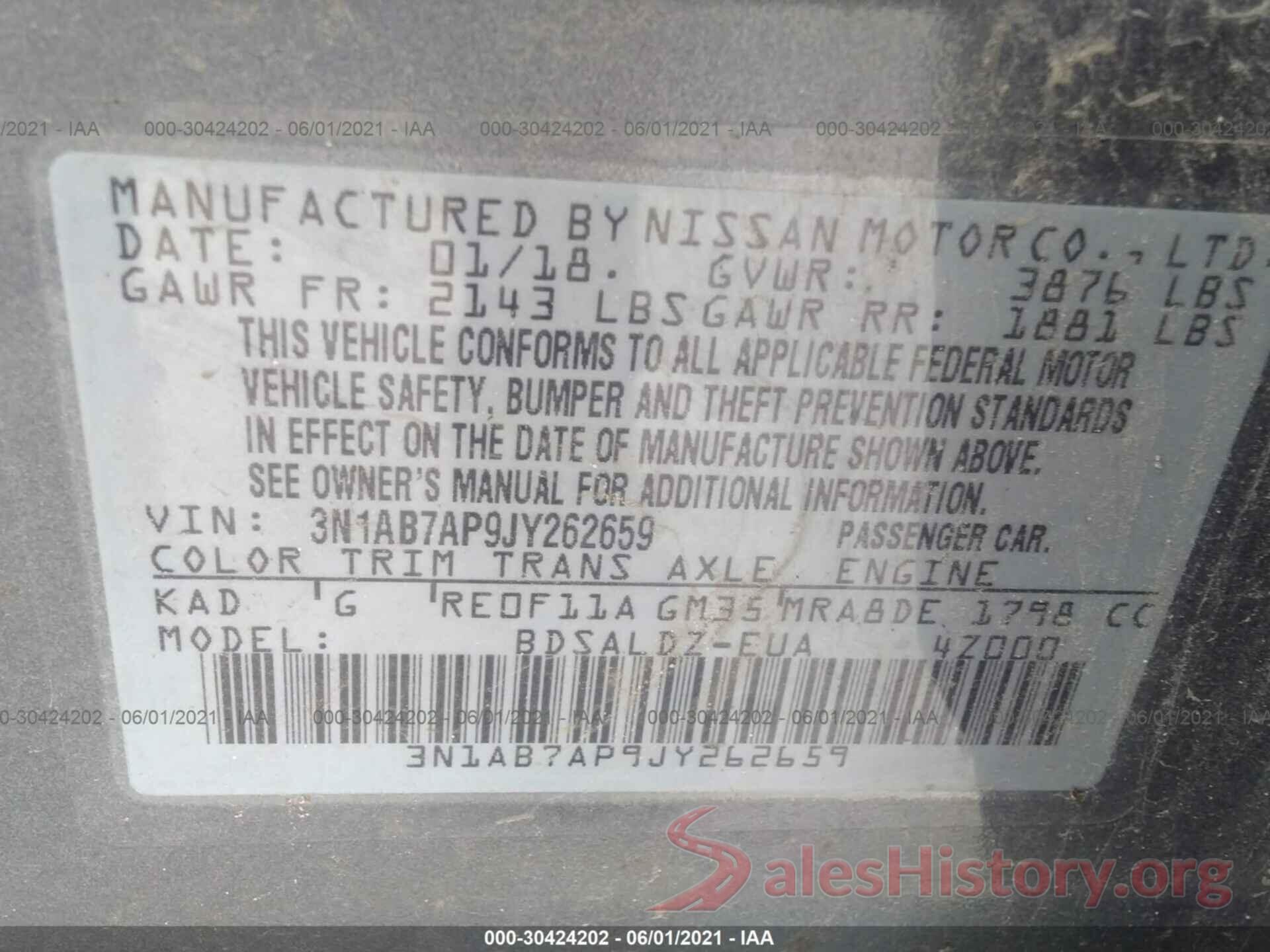 3N1AB7AP9JY262659 2018 NISSAN SENTRA