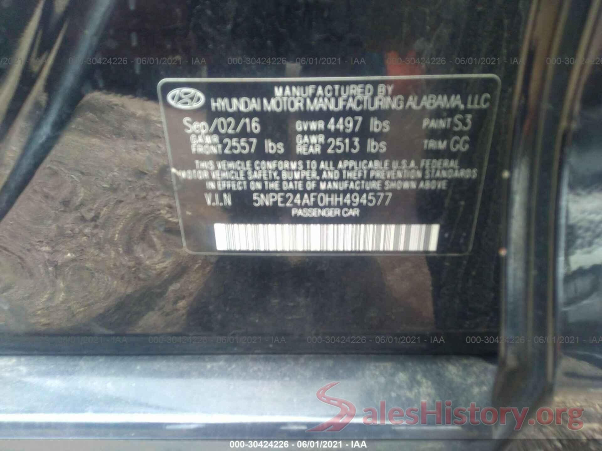 5NPE24AF0HH494577 2017 HYUNDAI SONATA