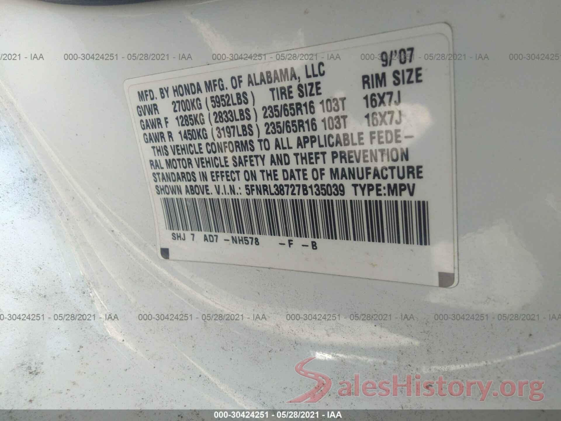 KNDJP3A56G7352352 2007 HONDA ODYSSEY