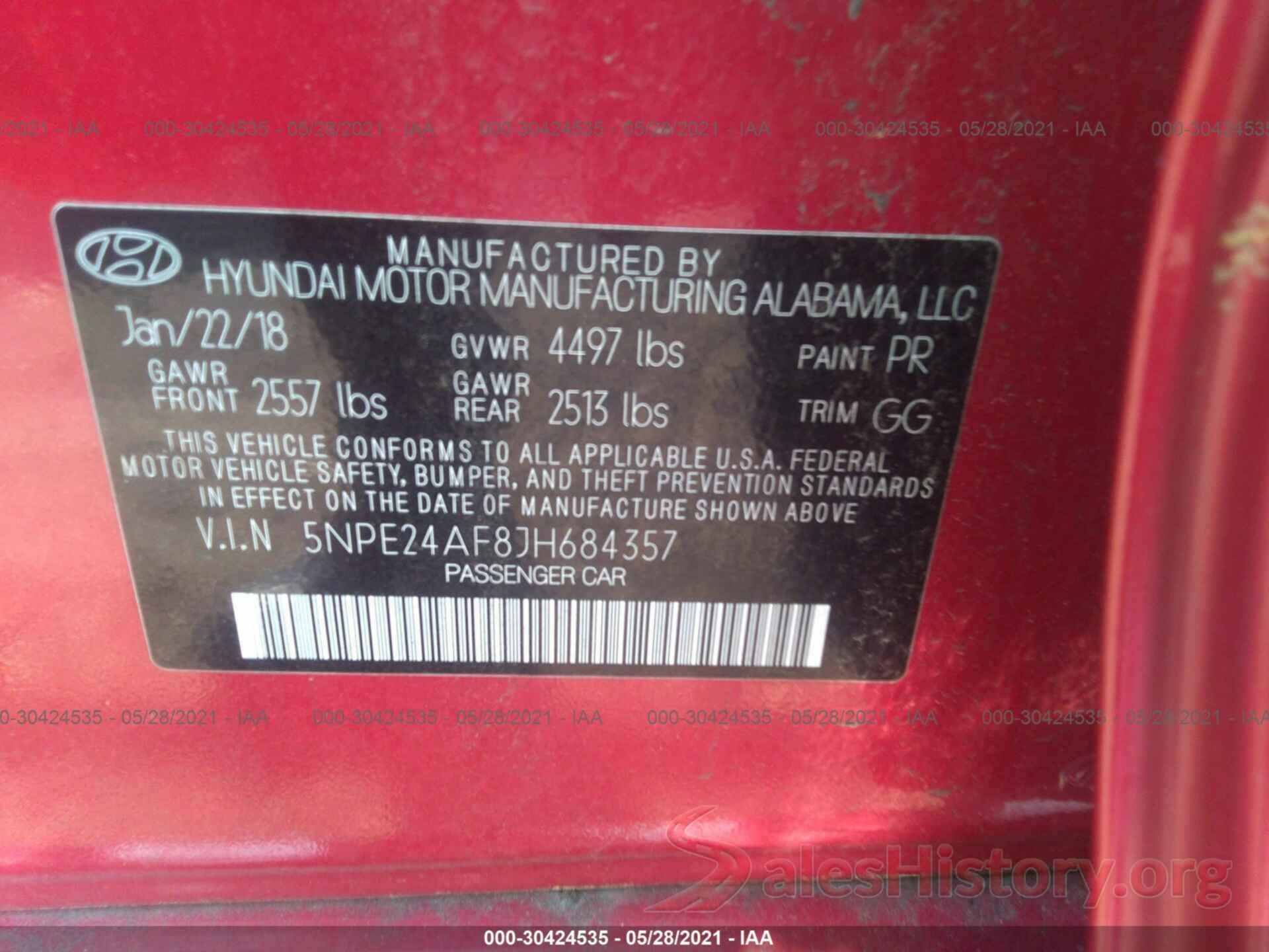 5NPE24AF8JH684357 2018 HYUNDAI SONATA