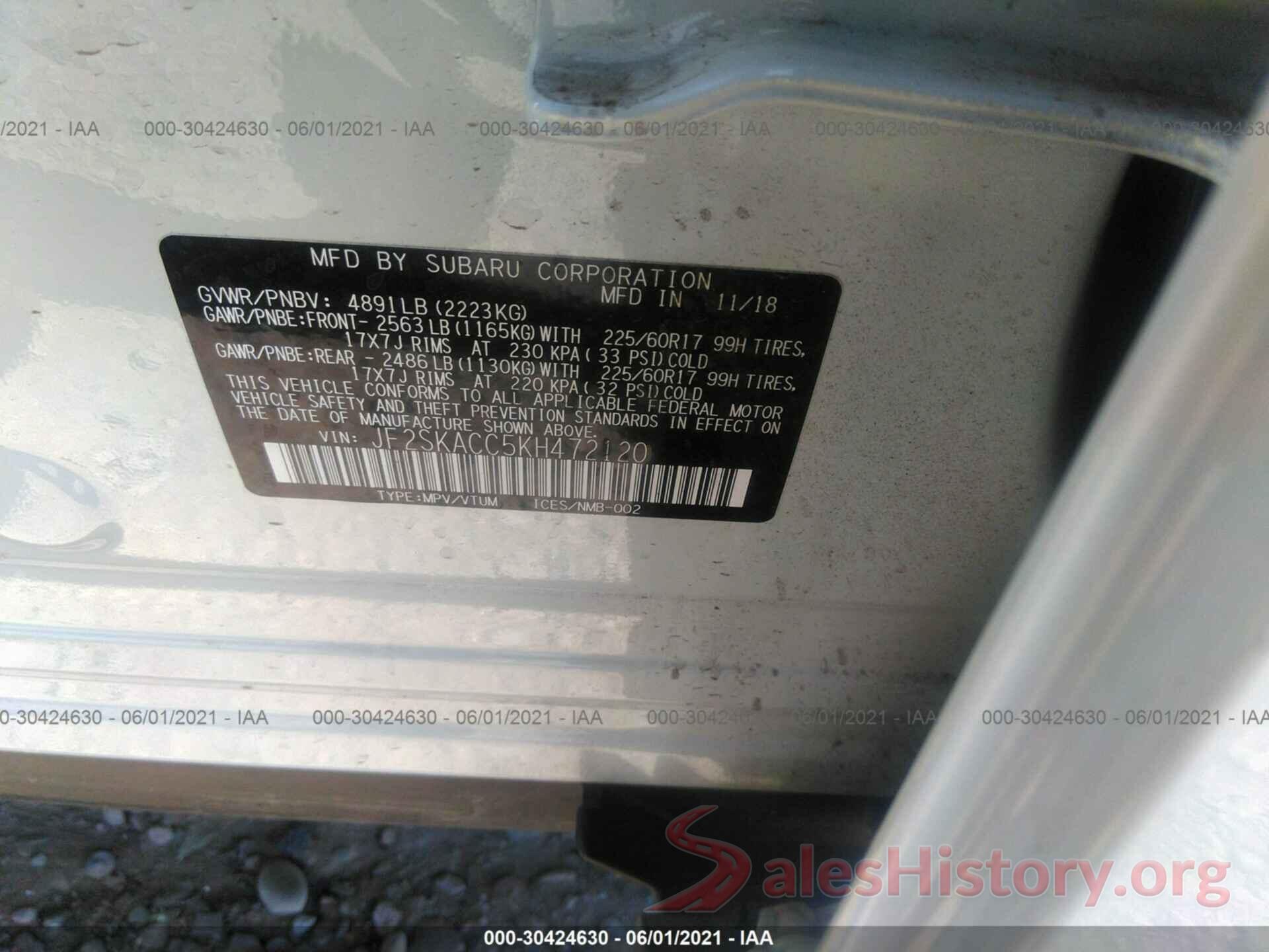 JF2SKACC5KH472120 2019 SUBARU FORESTER