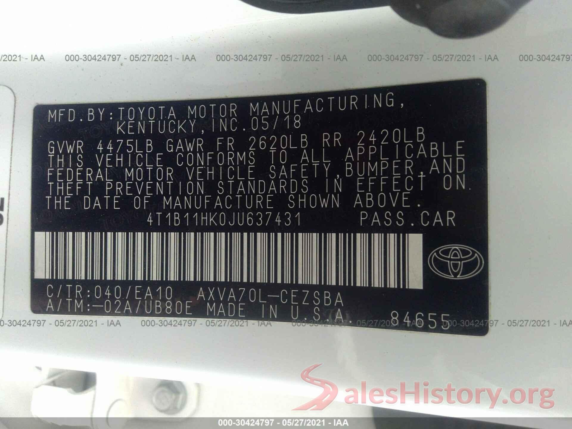 4T1B11HK0JU637431 2018 TOYOTA CAMRY