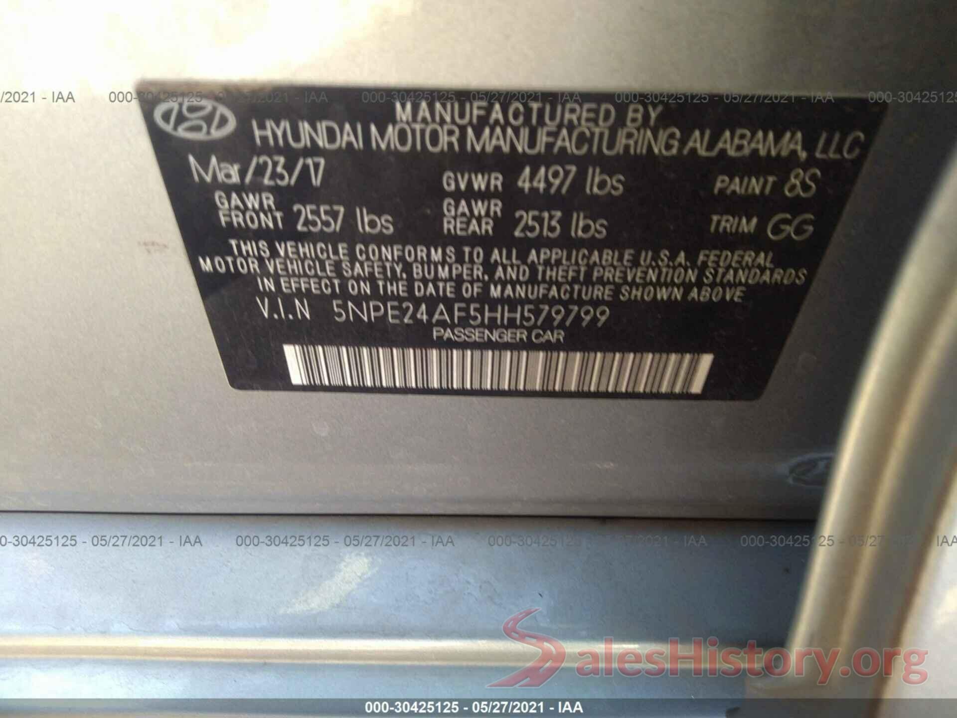 5NPE24AF5HH579799 2017 HYUNDAI SONATA