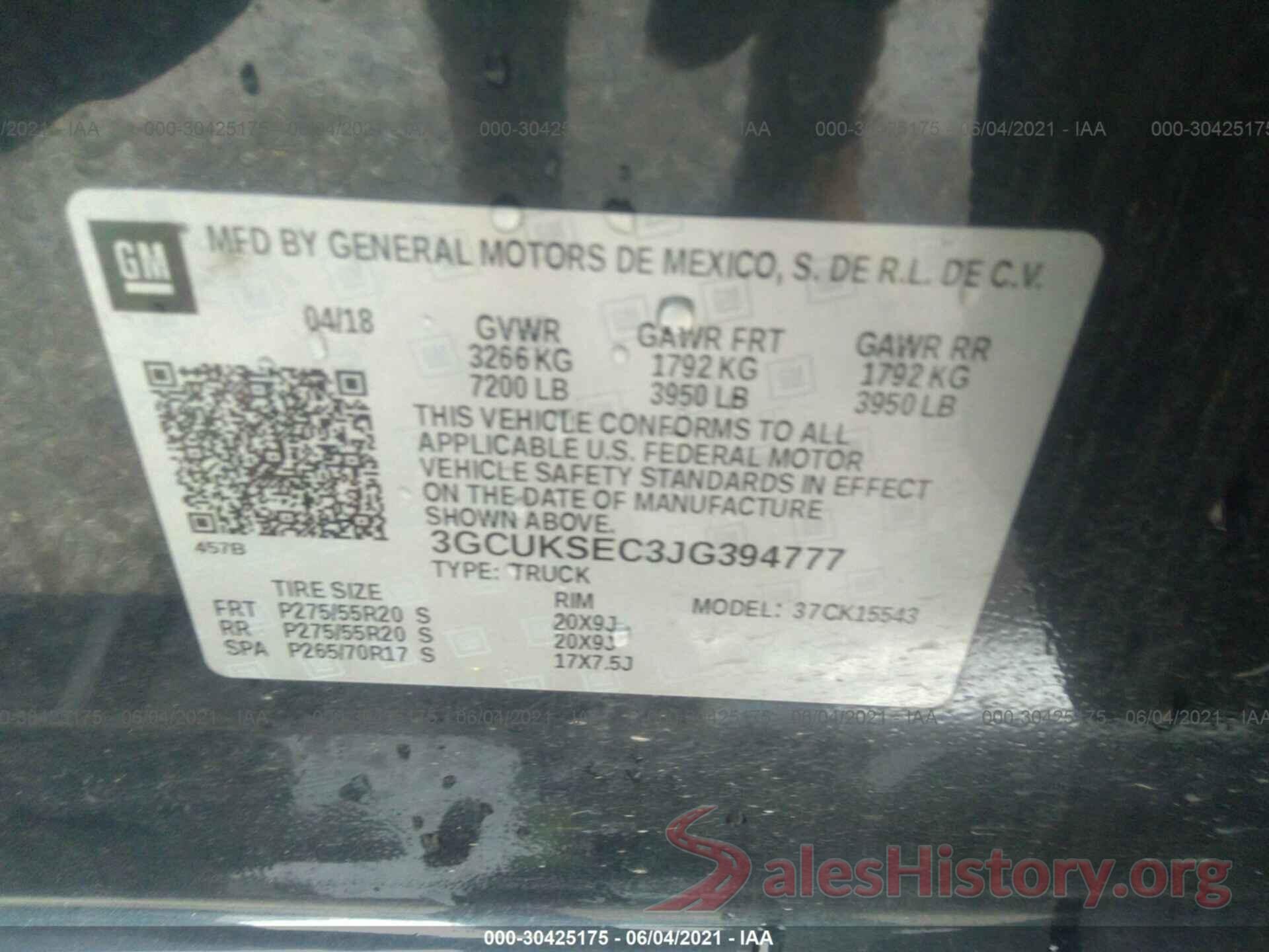 3GCUKSEC3JG394777 2018 CHEVROLET SILVERADO 1500