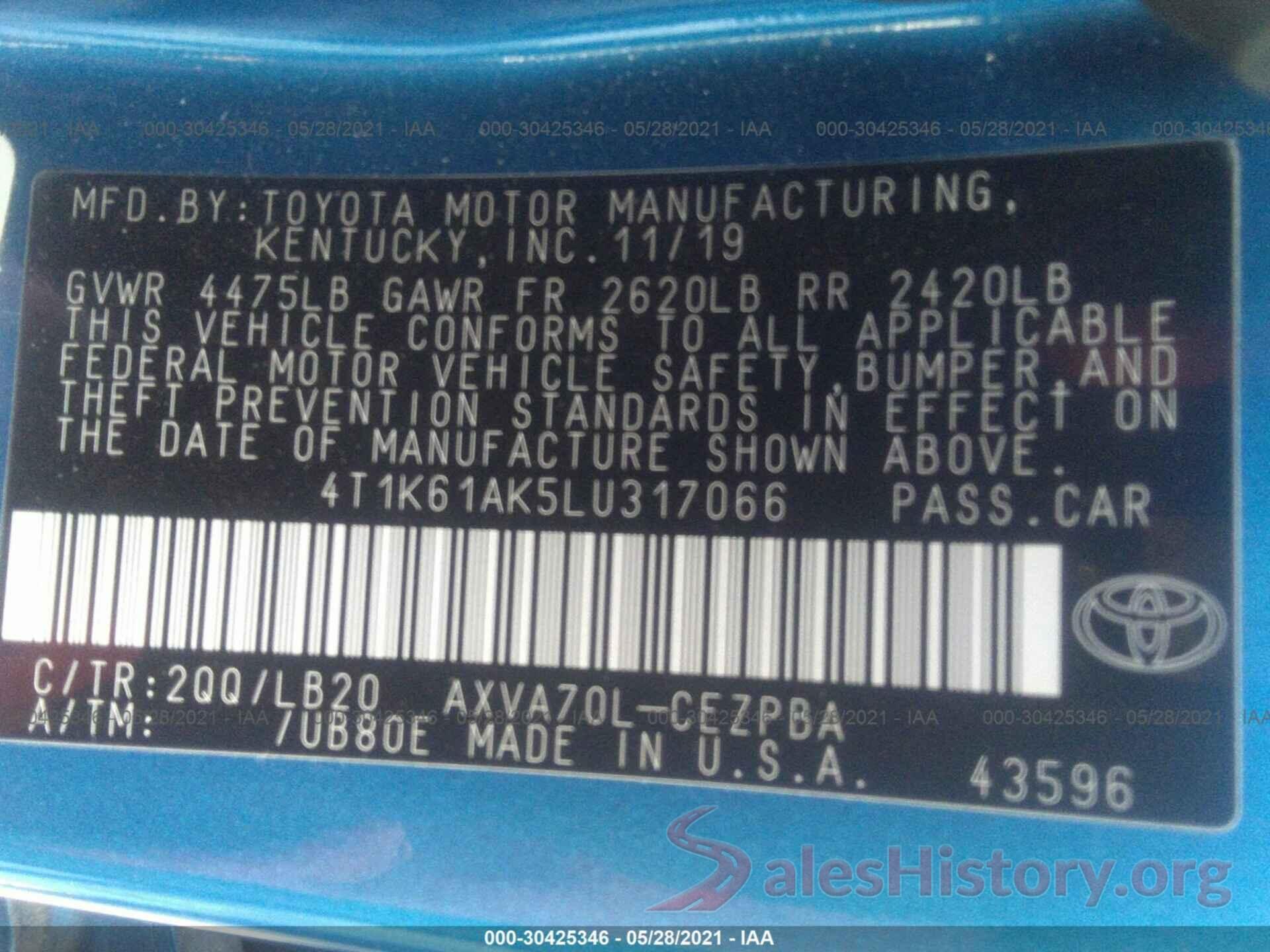 4T1K61AK5LU317066 2020 TOYOTA CAMRY