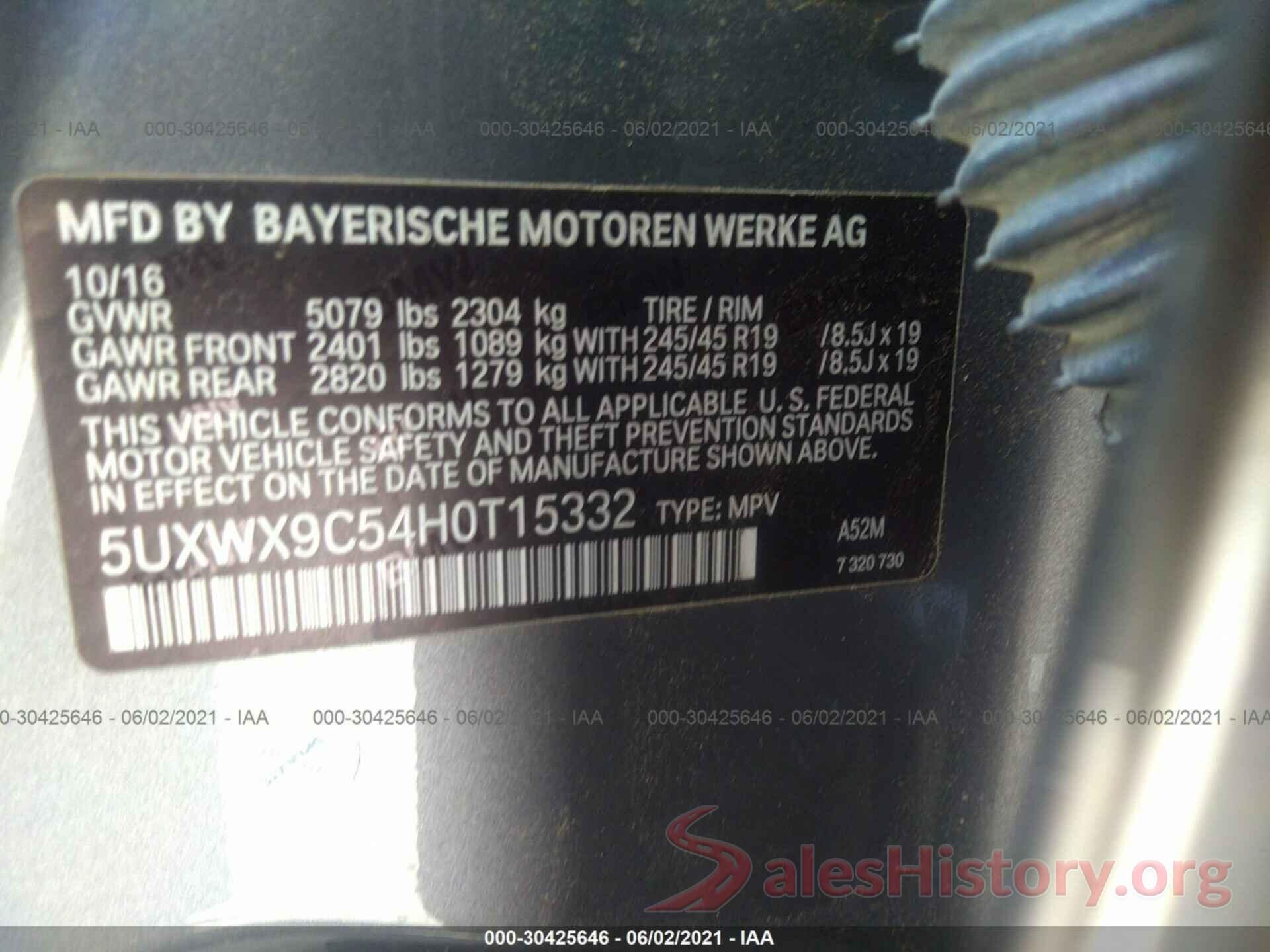 5UXWX9C54H0T15332 2017 BMW X3