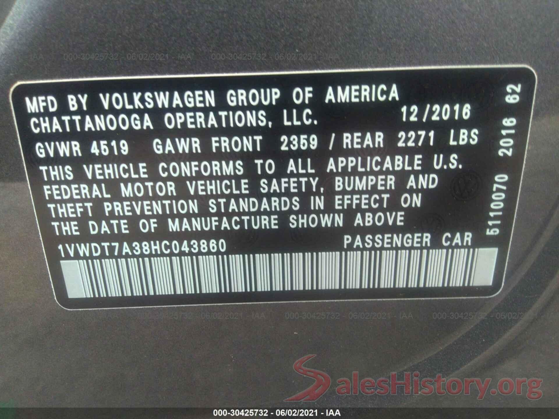 1VWDT7A38HC043860 2017 VOLKSWAGEN PASSAT