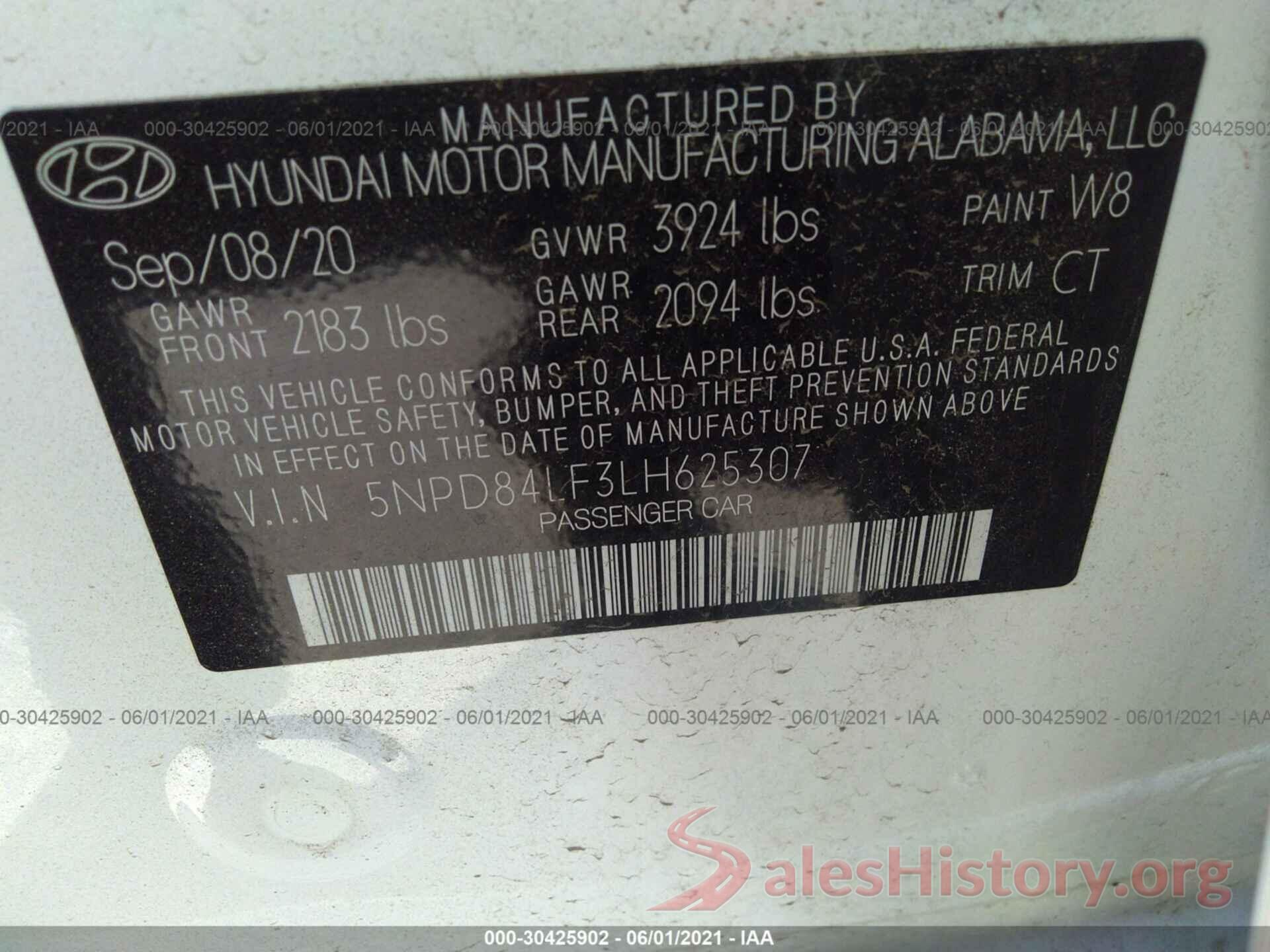 5NPD84LF3LH625307 2020 HYUNDAI ELANTRA