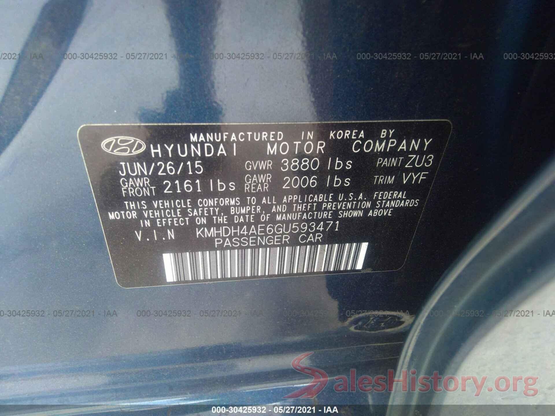 KMHDH4AE6GU593471 2016 HYUNDAI ELANTRA