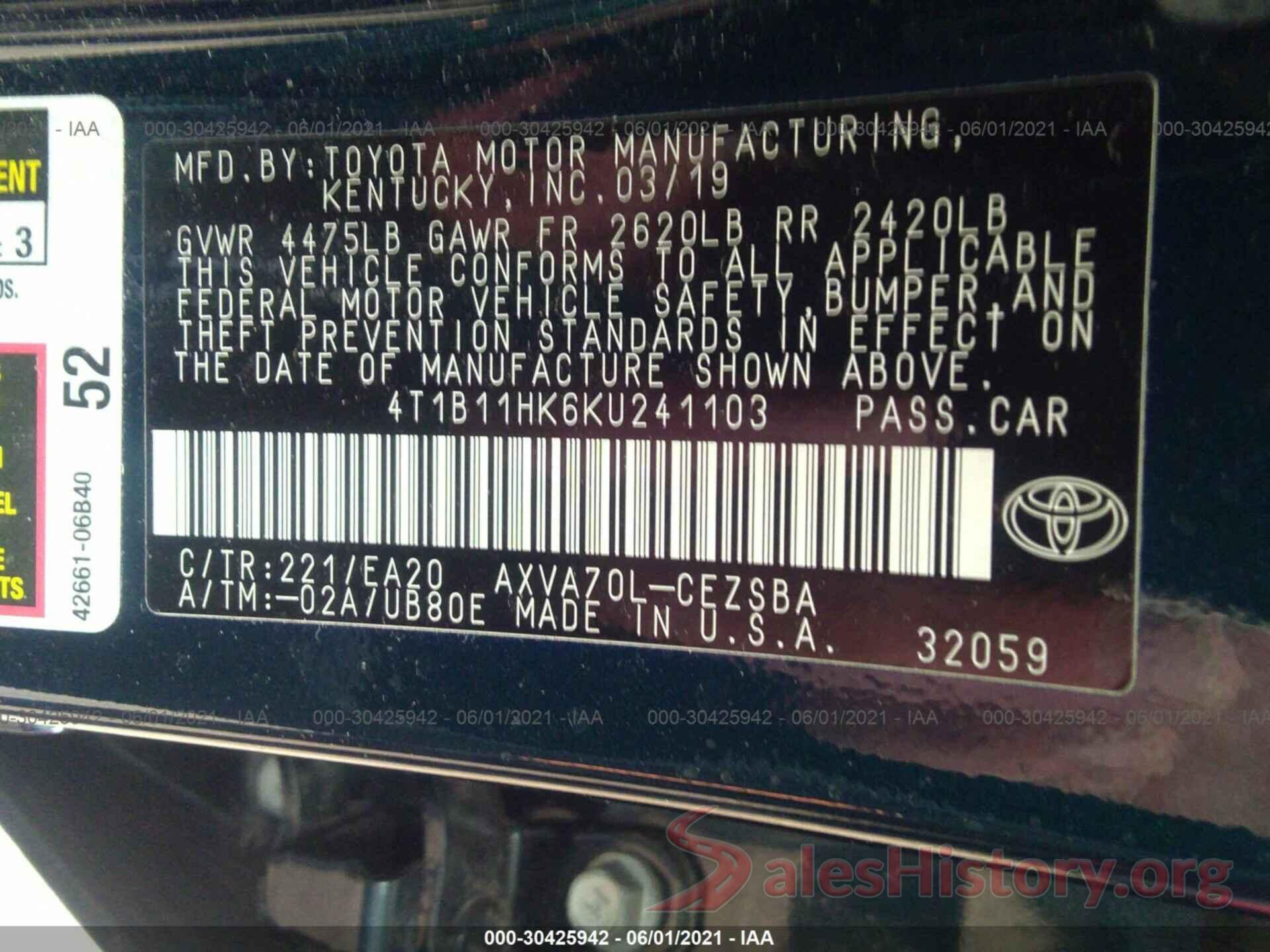 4T1B11HK6KU241103 2019 TOYOTA CAMRY