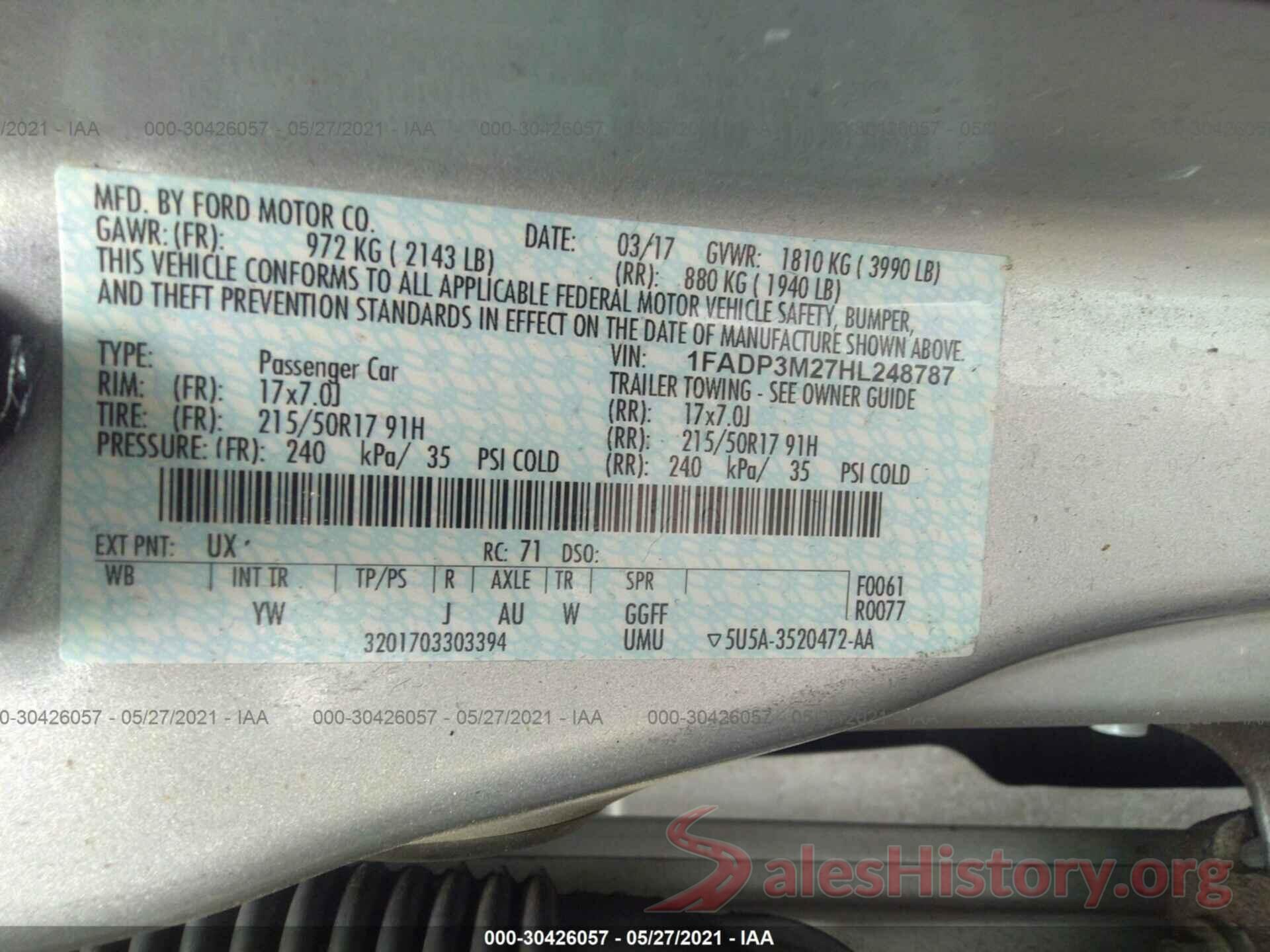 1FADP3M27HL248787 2017 FORD FOCUS