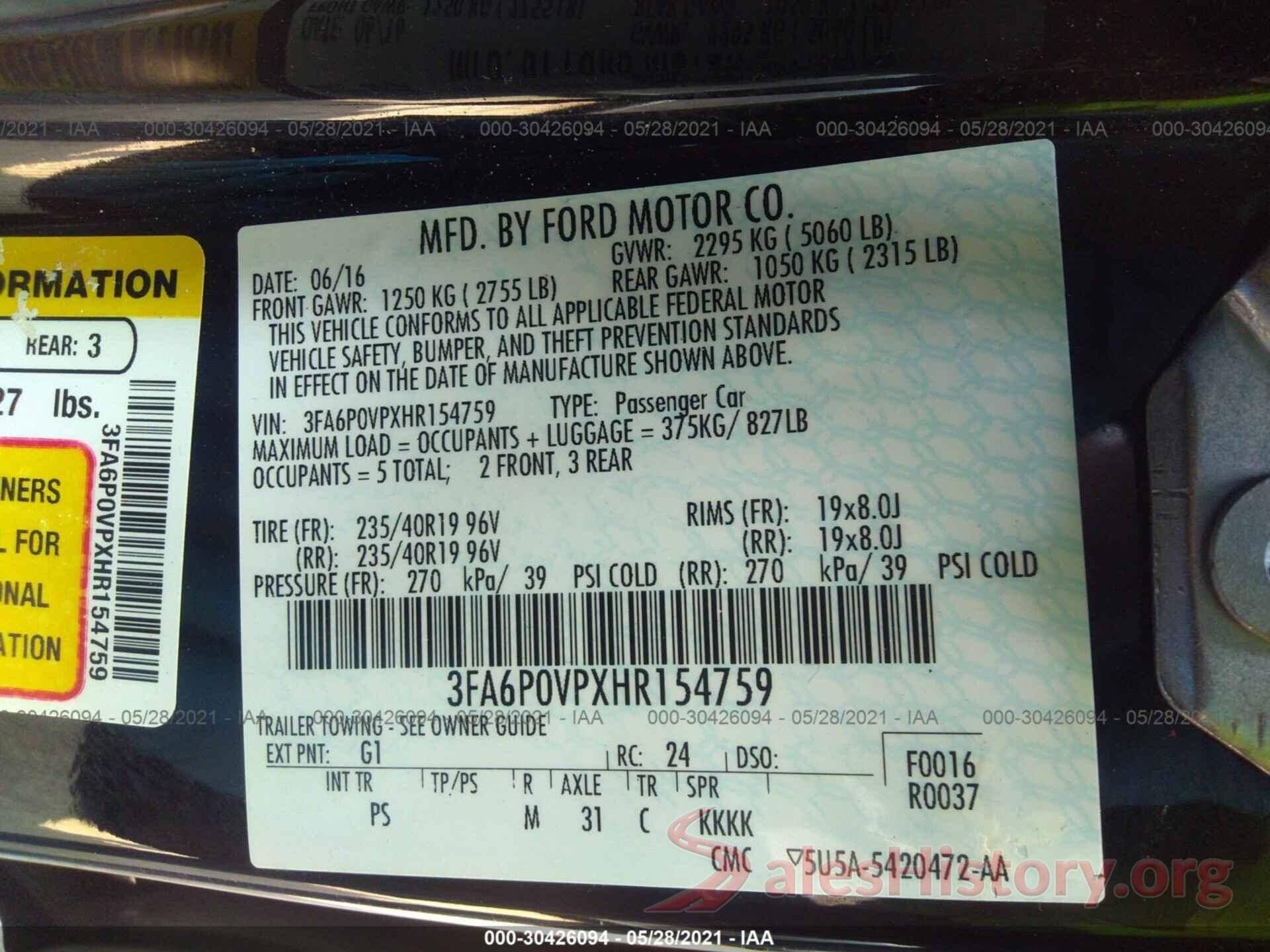 3FA6P0VPXHR154759 2017 FORD FUSION