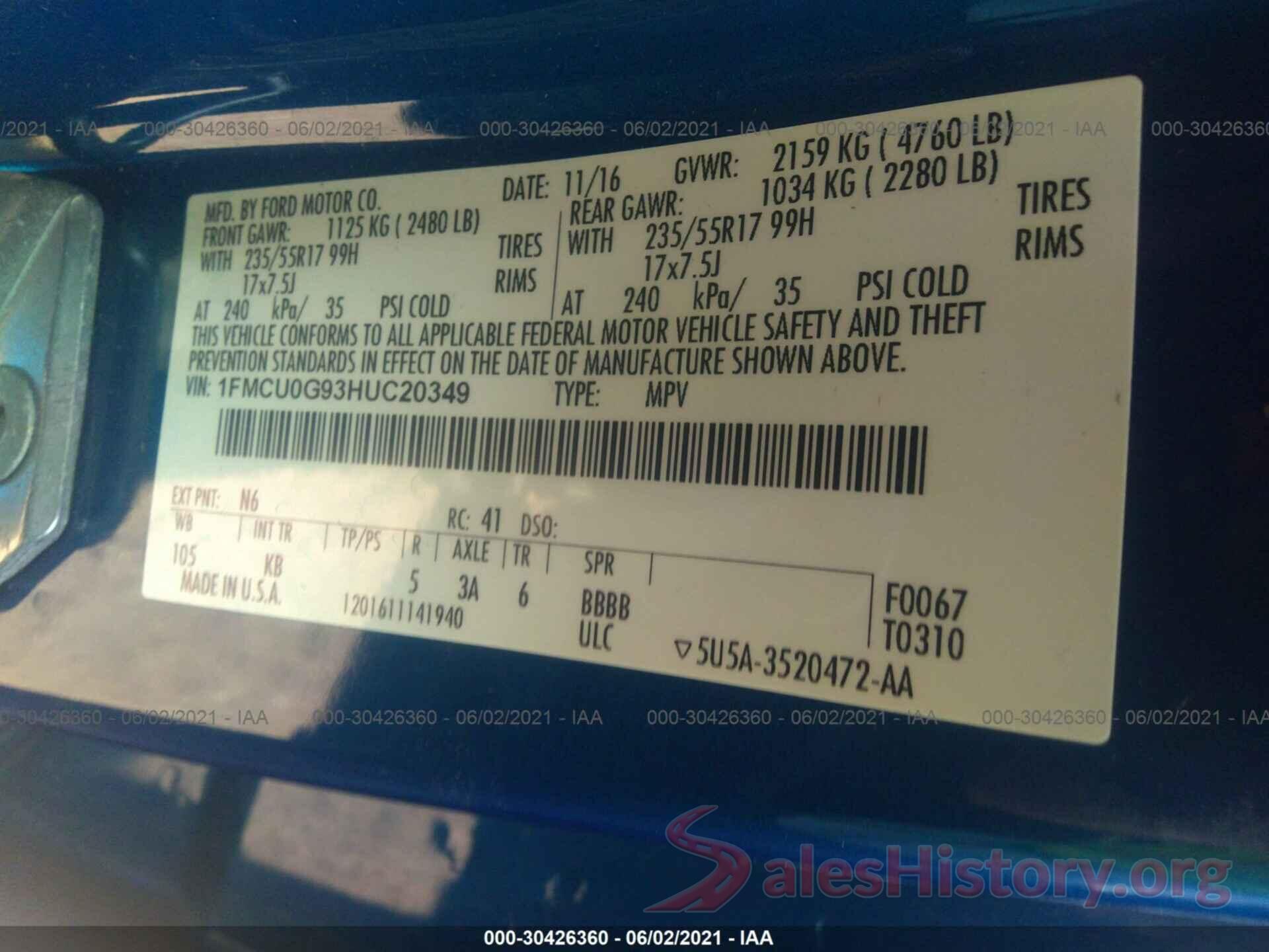 1FMCU0G93HUC20349 2017 FORD ESCAPE