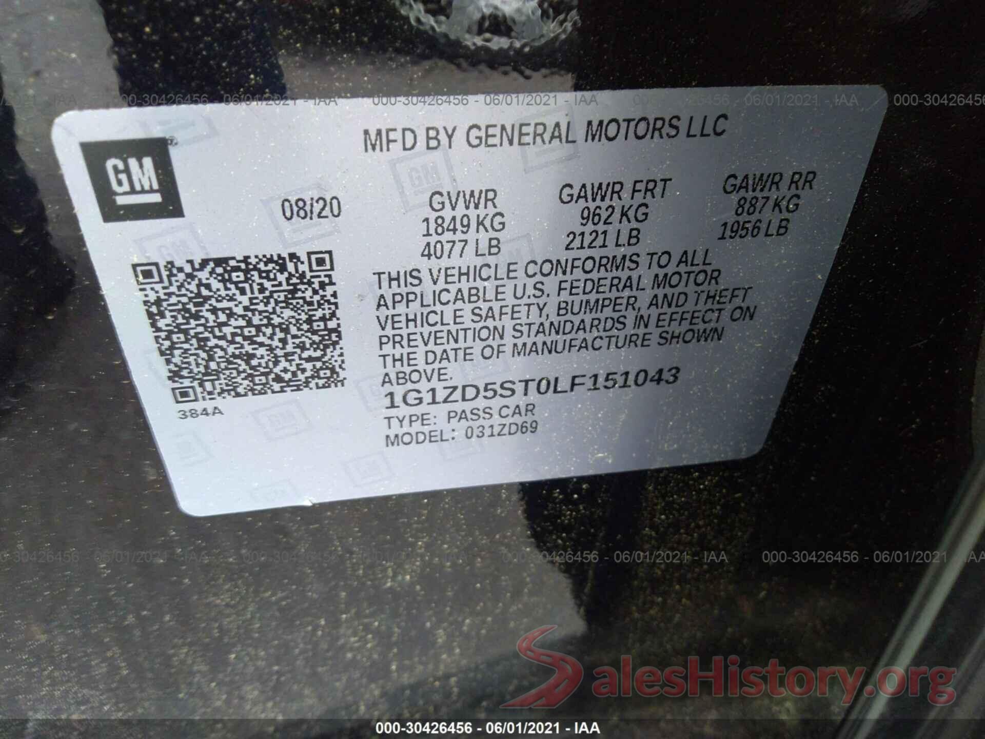 1G1ZD5ST0LF151043 2020 CHEVROLET MALIBU