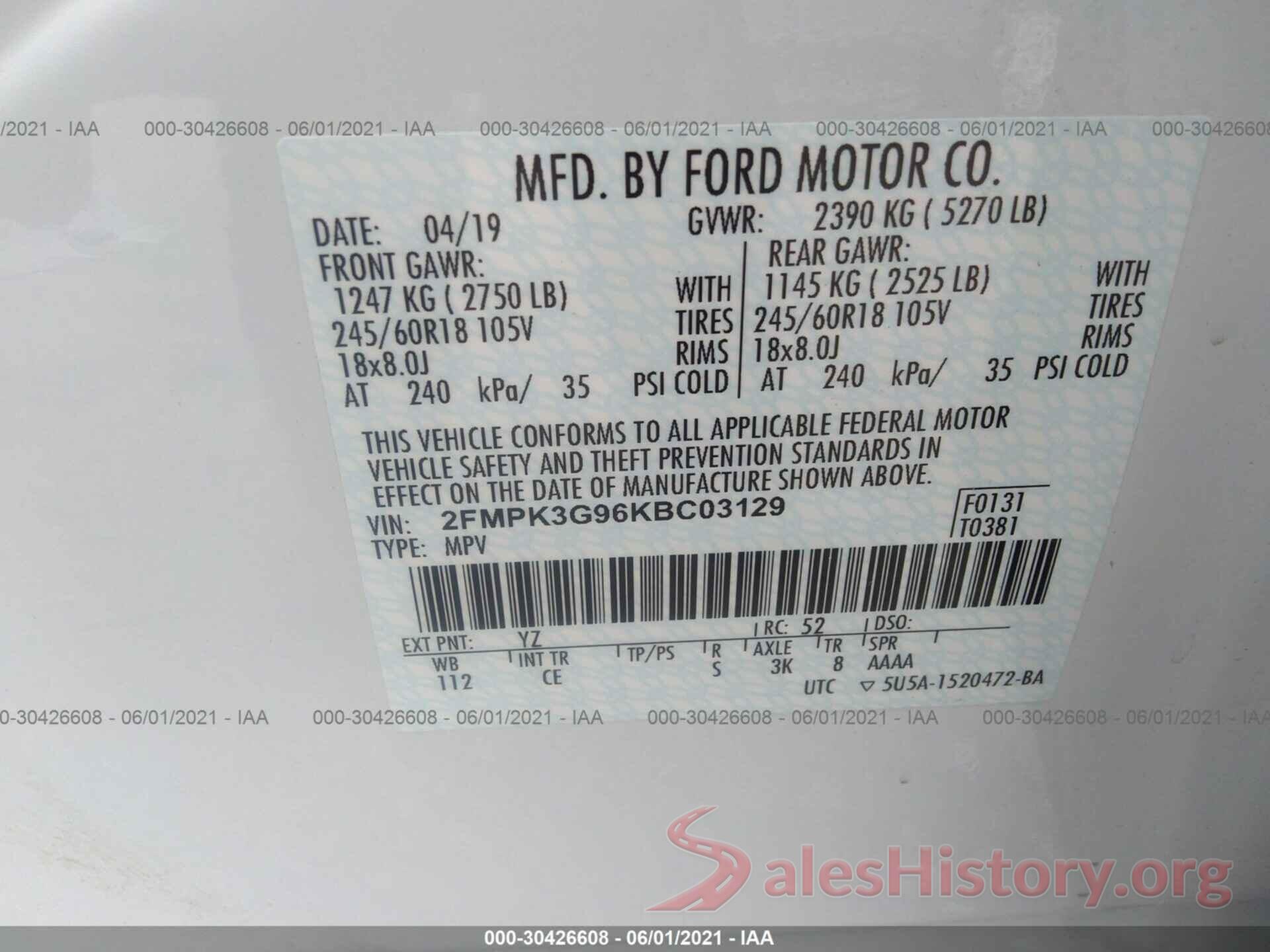 2FMPK3G96KBC03129 2019 FORD EDGE