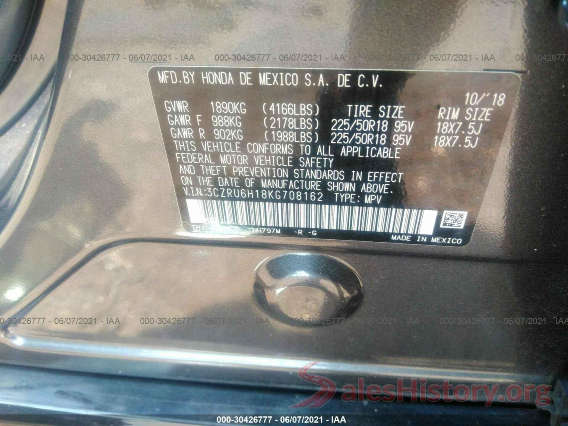 3CZRU6H18KG708162 2019 HONDA HR-V