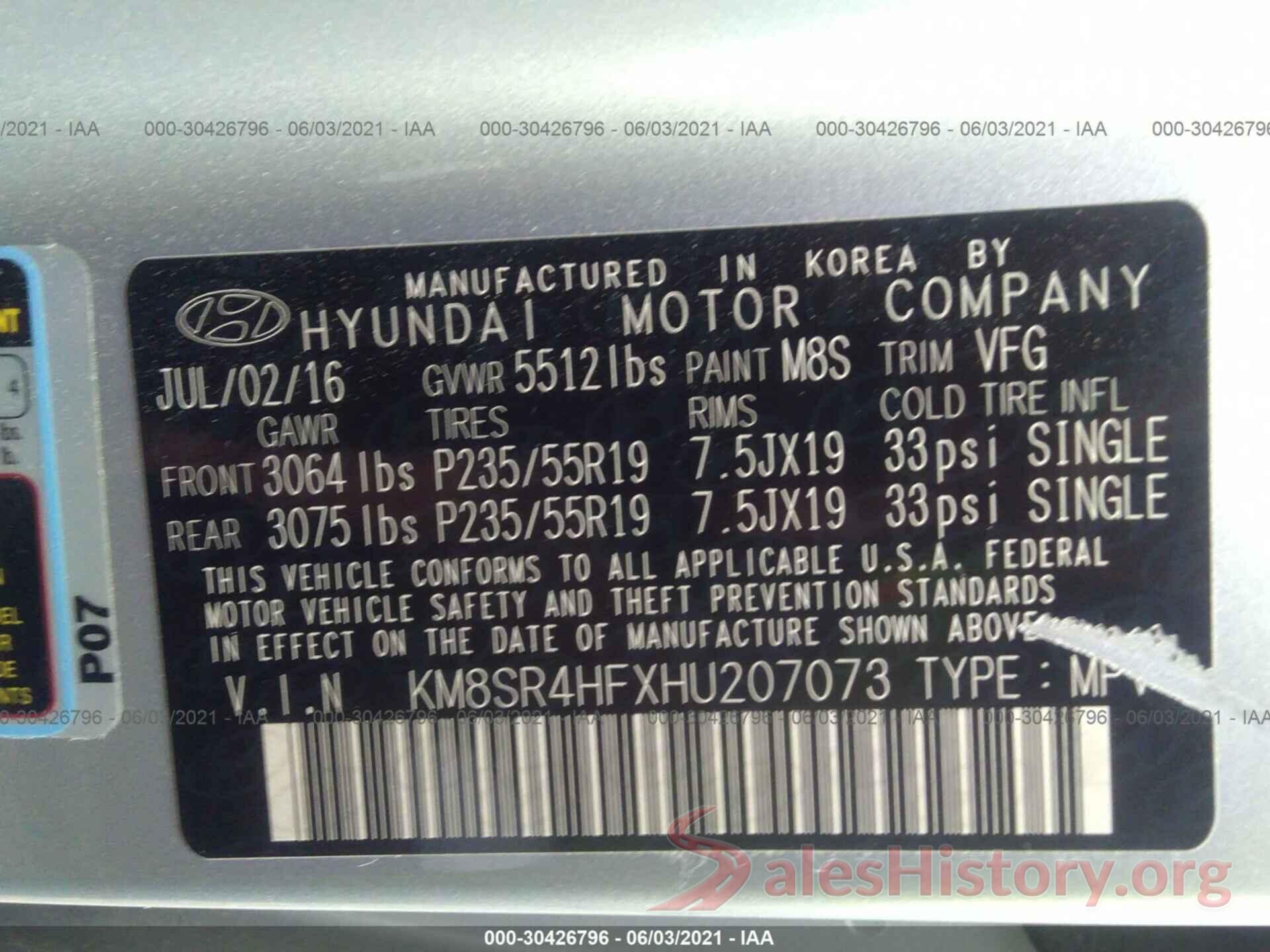 KM8SR4HFXHU207073 2017 HYUNDAI SANTA FE