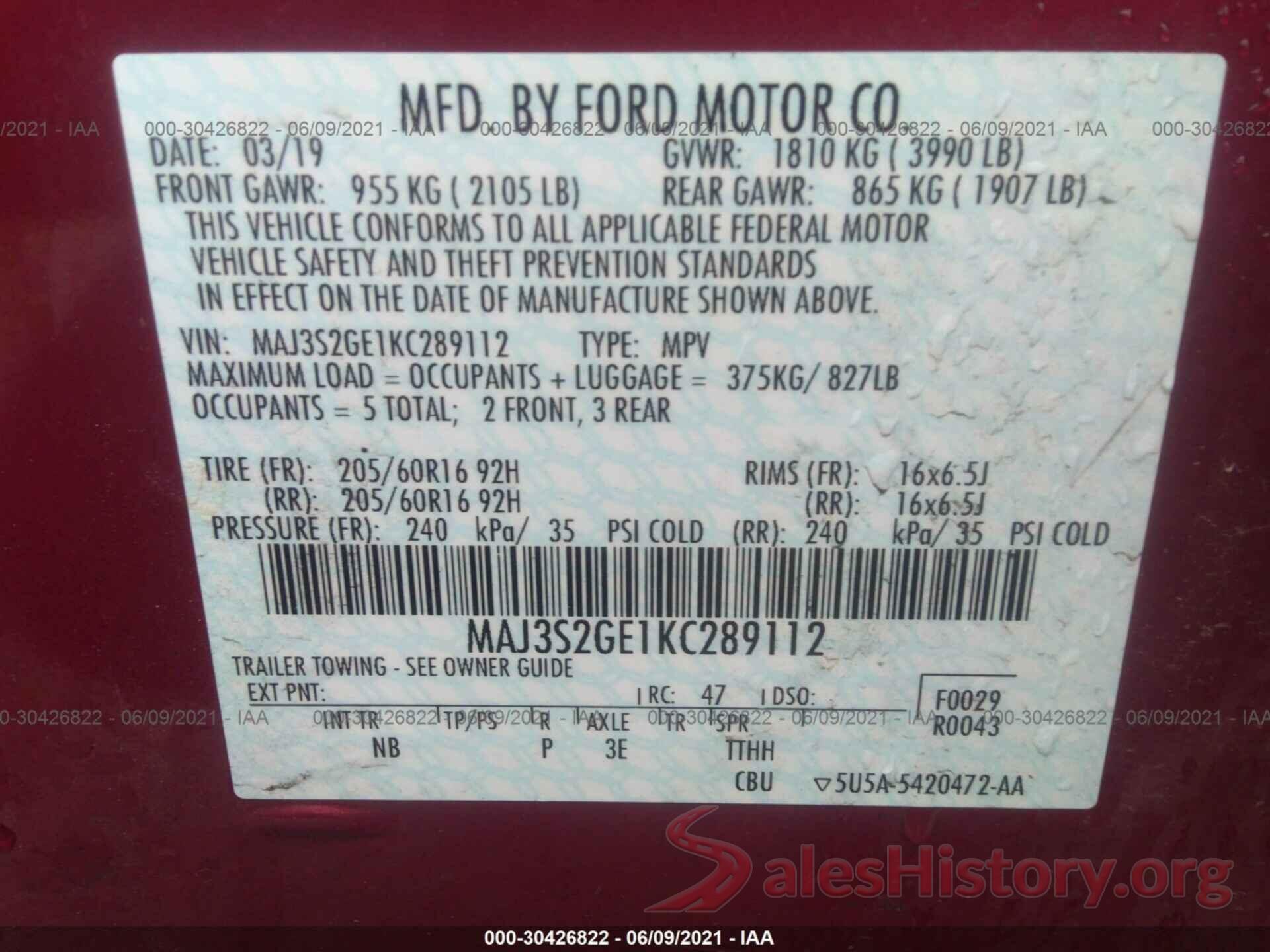 MAJ3S2GE1KC289112 2019 FORD ECOSPORT