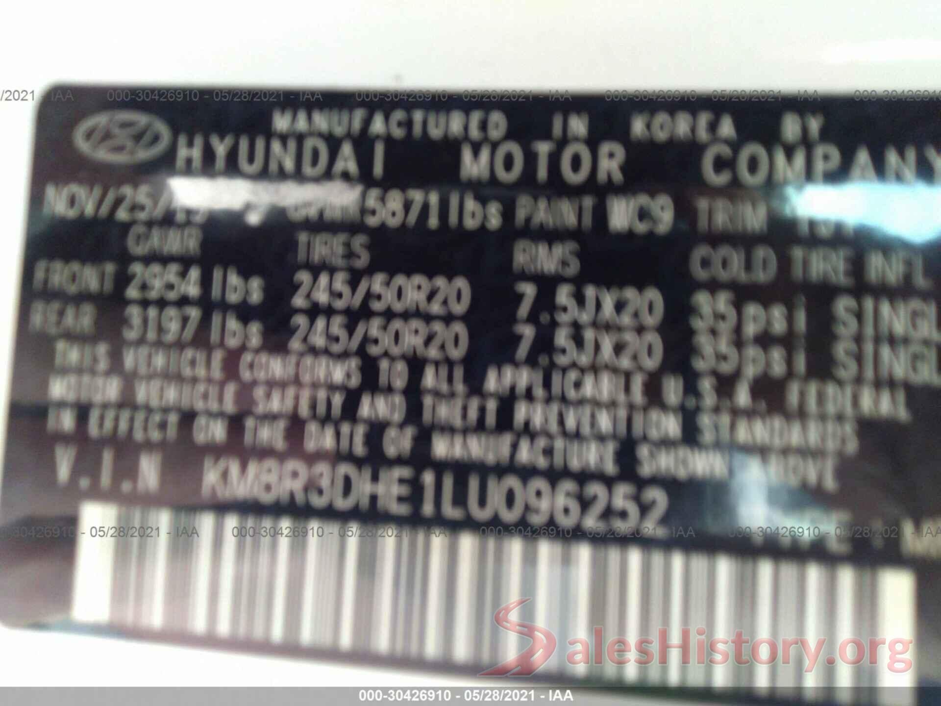 KM8R3DHE1LU096252 2020 HYUNDAI PALISADE