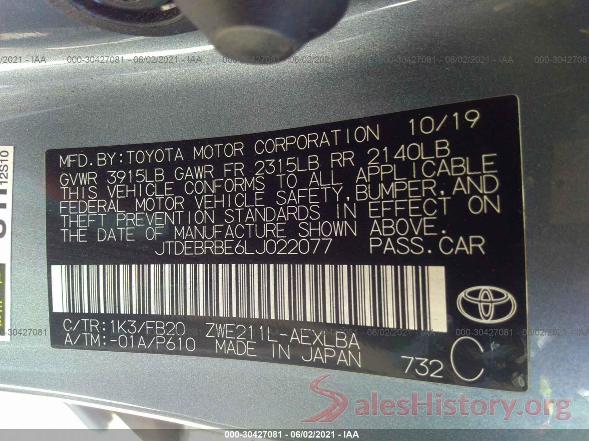 JTDEBRBE6LJ022077 2020 TOYOTA COROLLA