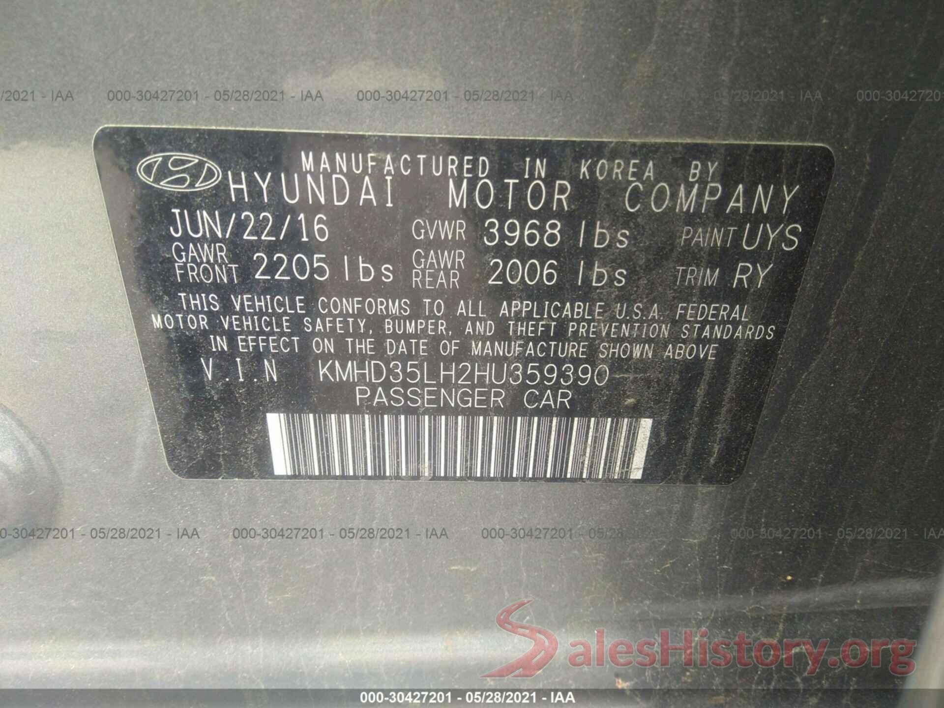 KMHD35LH2HU359390 2017 HYUNDAI ELANTRA GT