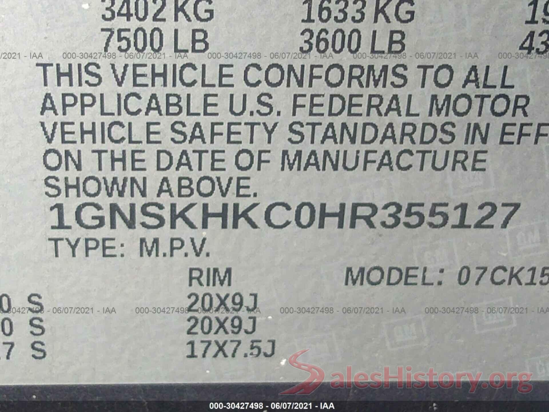 1GNSKHKC0HR355127 2017 CHEVROLET SUBURBAN