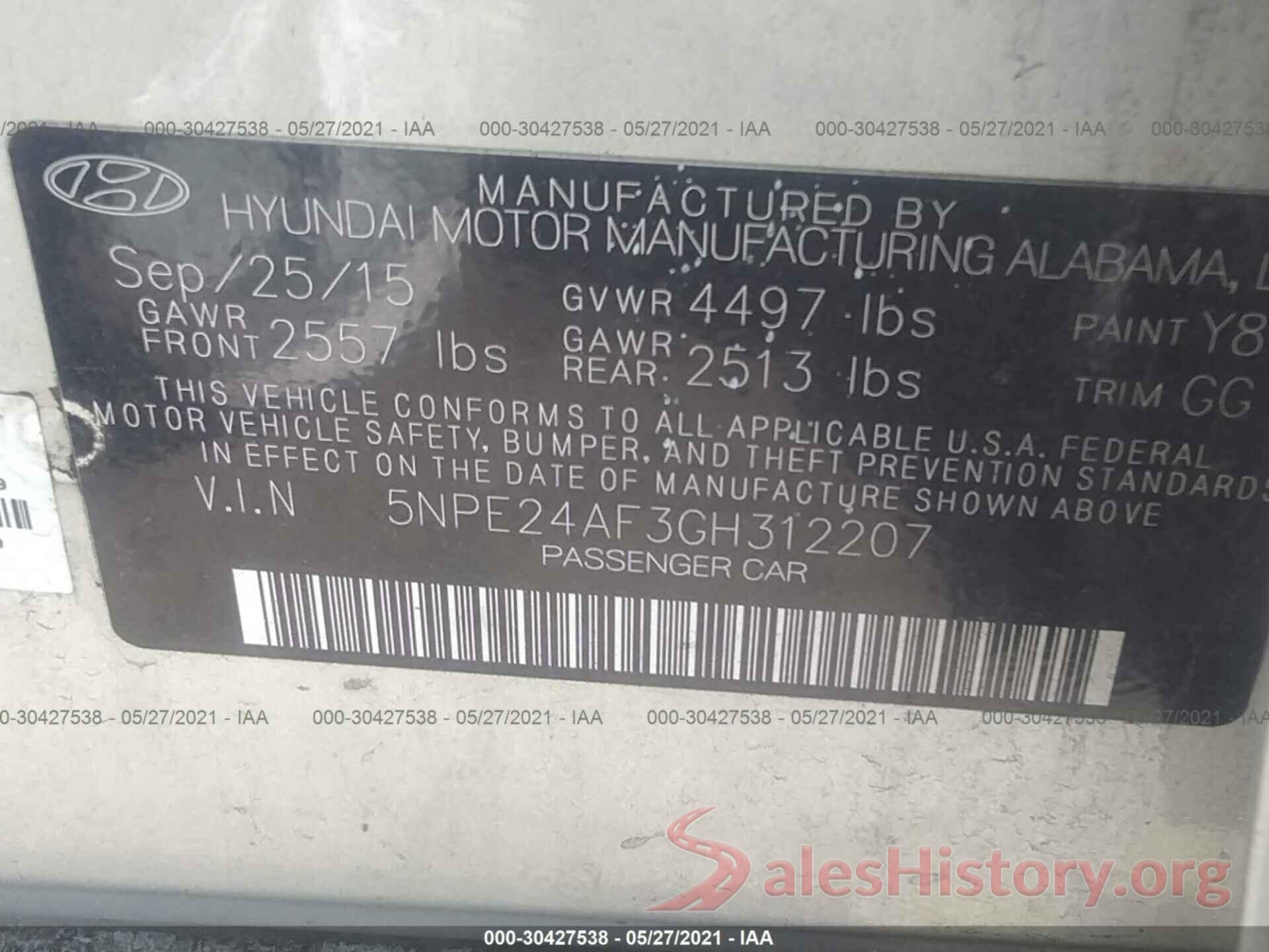 5NPE24AF3GH312207 2016 HYUNDAI SONATA