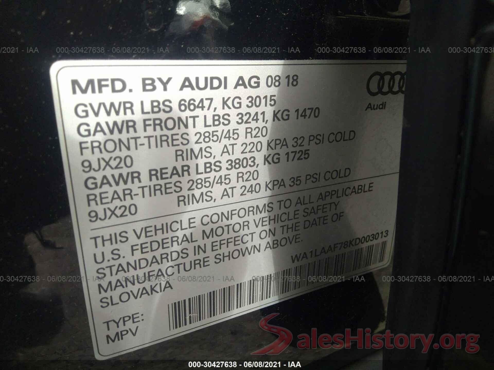 WA1LAAF78KD003013 2019 AUDI Q7