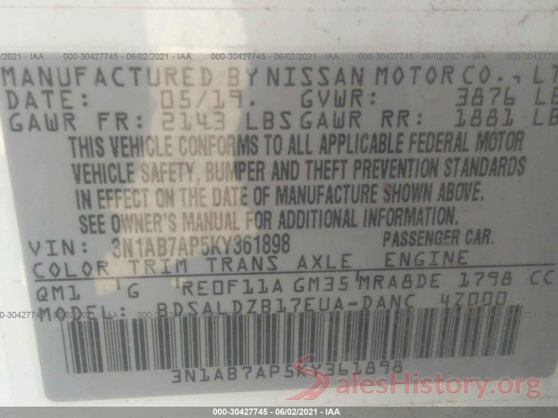 3N1AB7AP5KY361898 2019 NISSAN SENTRA