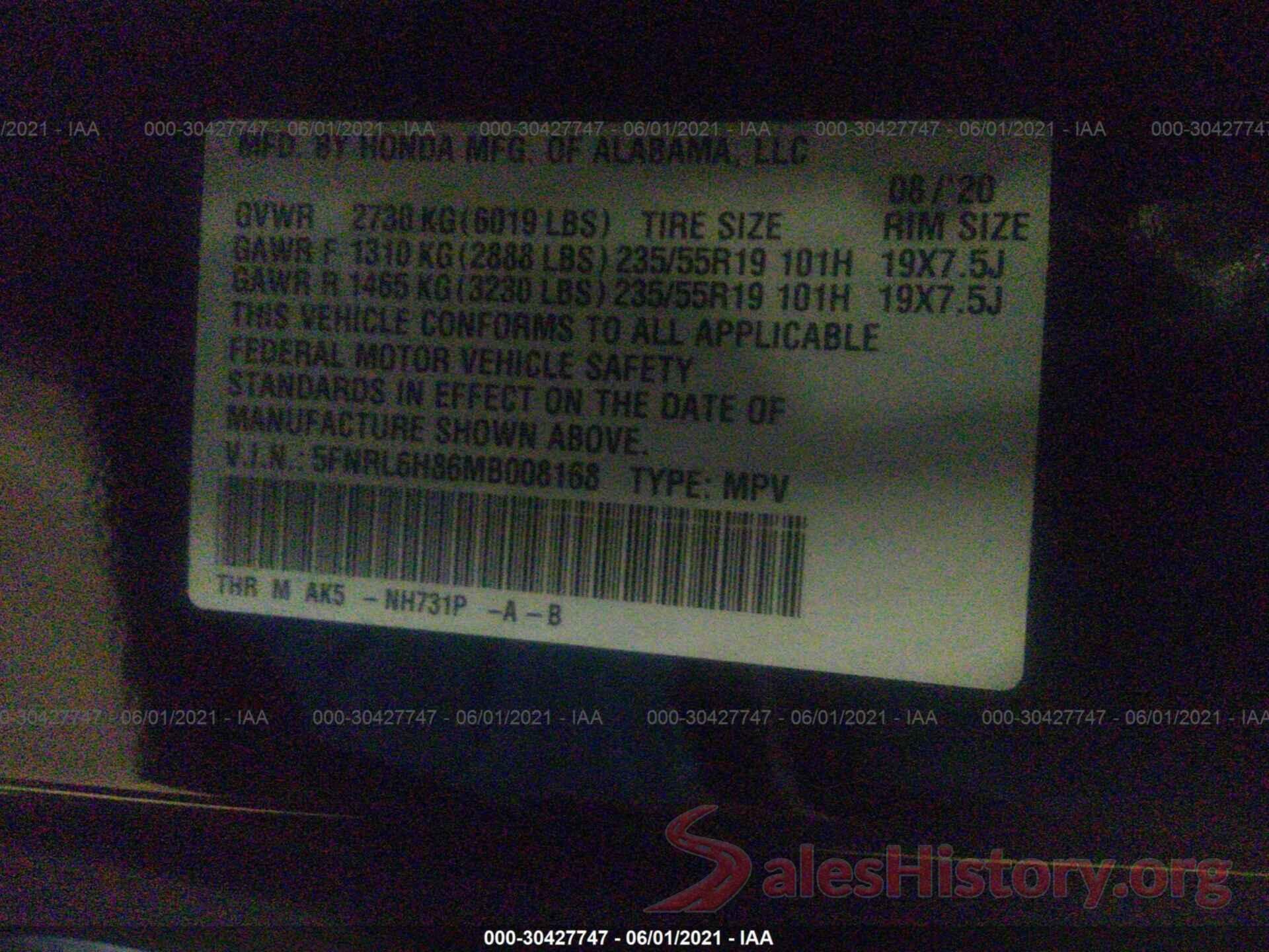 5FNRL6H86MB008168 2021 HONDA ODYSSEY