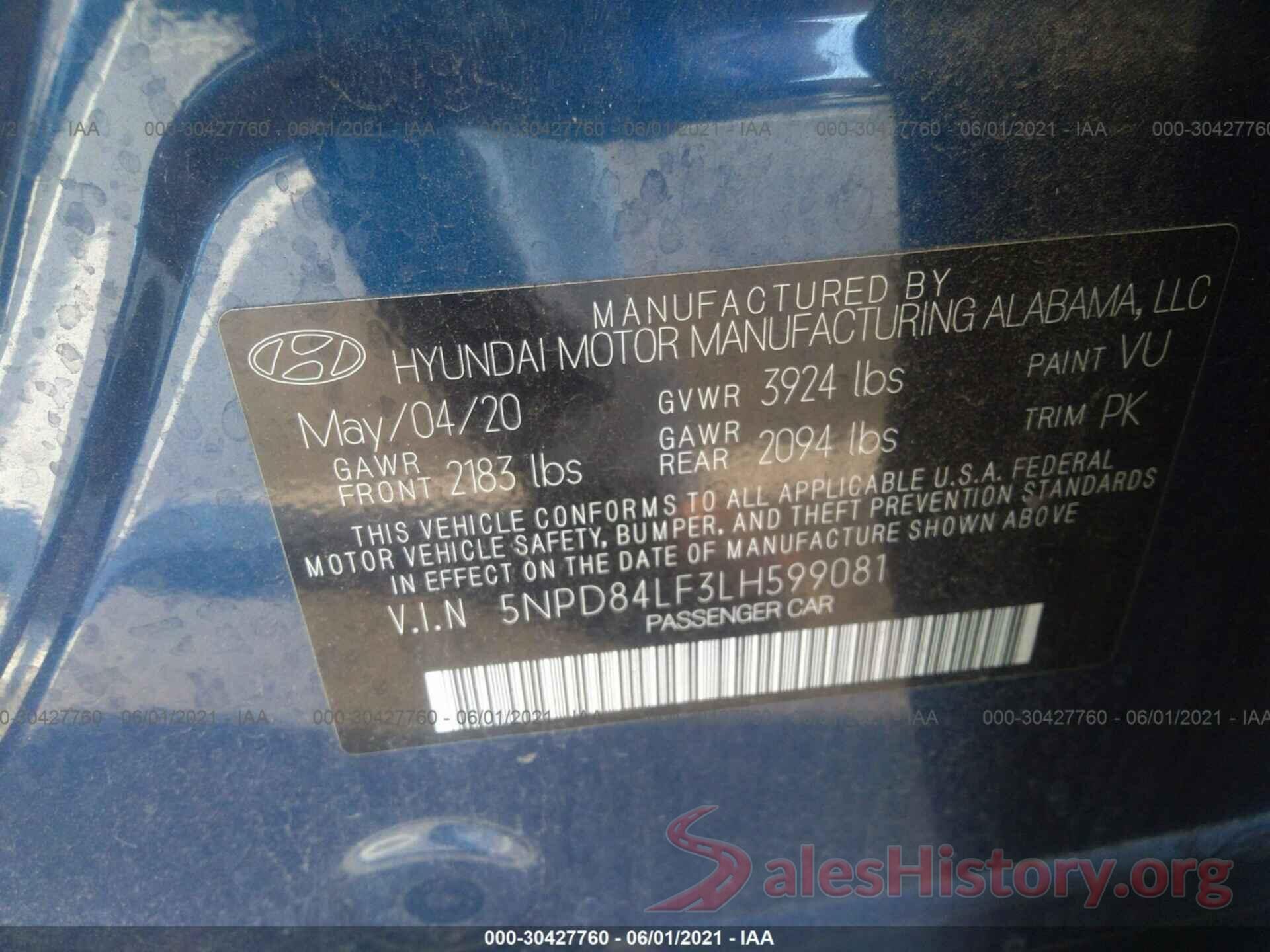 5NPD84LF3LH599081 2020 HYUNDAI ELANTRA