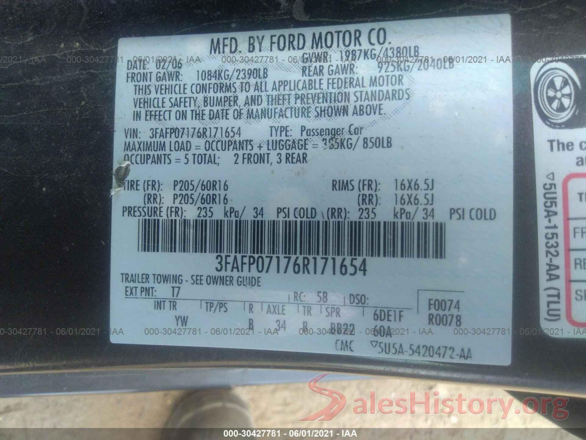 5N1AT2MV9HC850745 2006 FORD FUSION