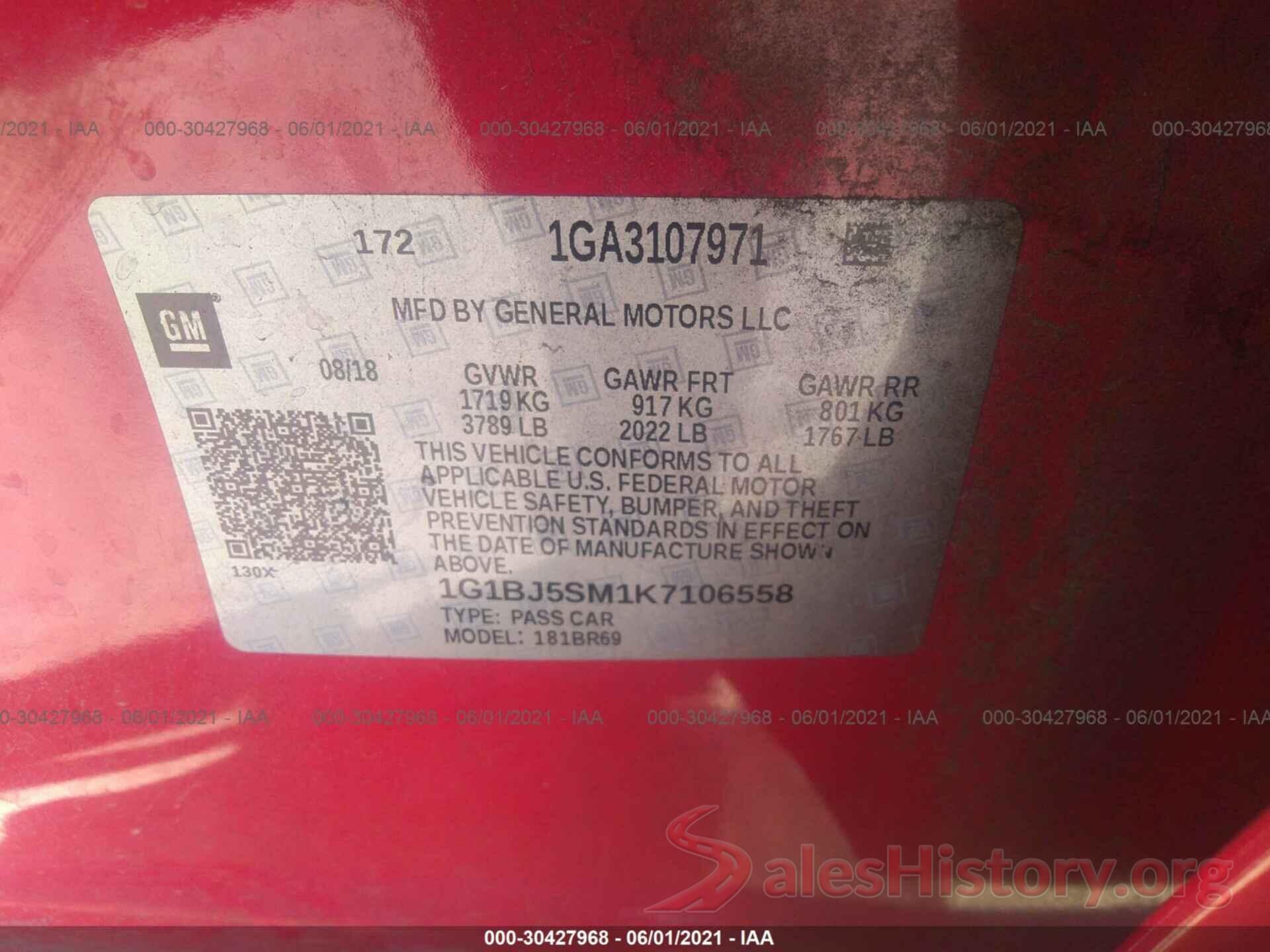 1G1BJ5SM1K7106558 2019 CHEVROLET CRUZE