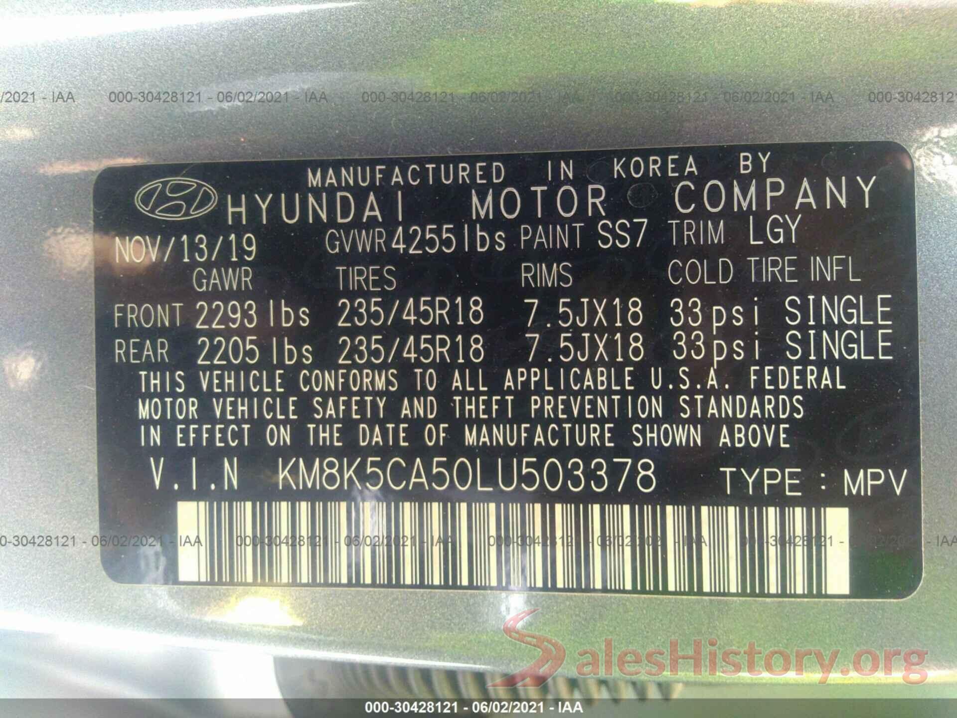 KM8K5CA50LU503378 2020 HYUNDAI KONA