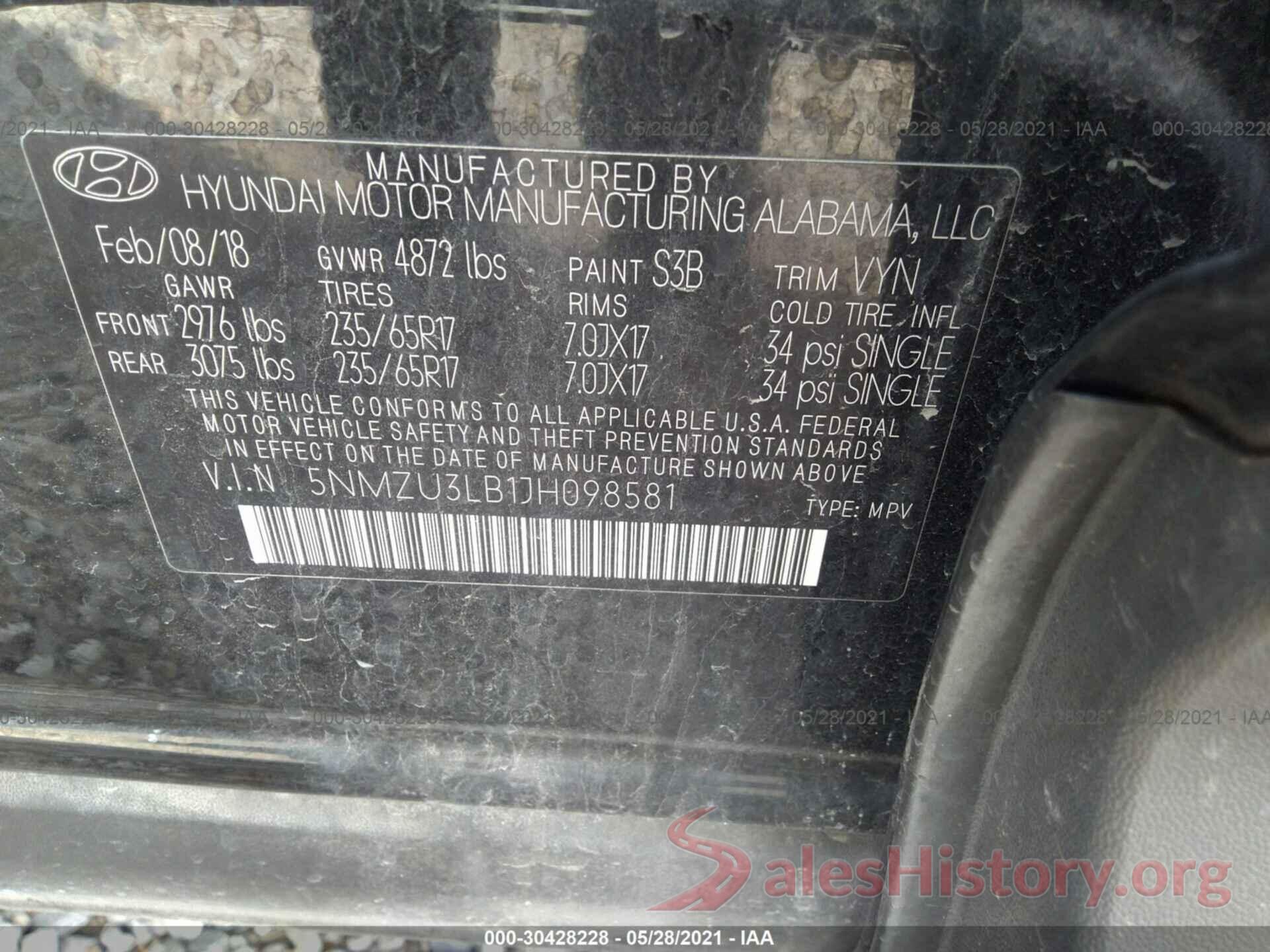 5NMZU3LB1JH098581 2018 HYUNDAI SANTA FE SPORT