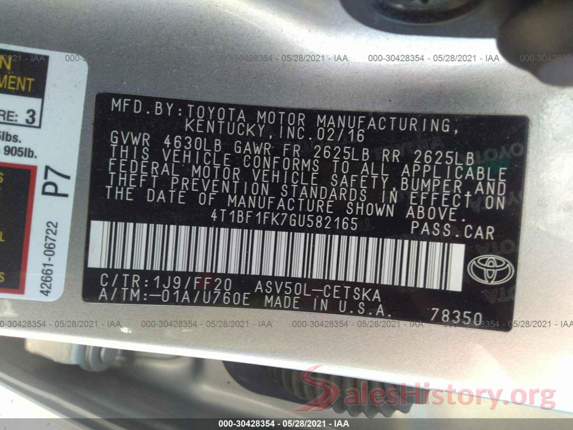 4T1BF1FK7GU582165 2016 TOYOTA CAMRY