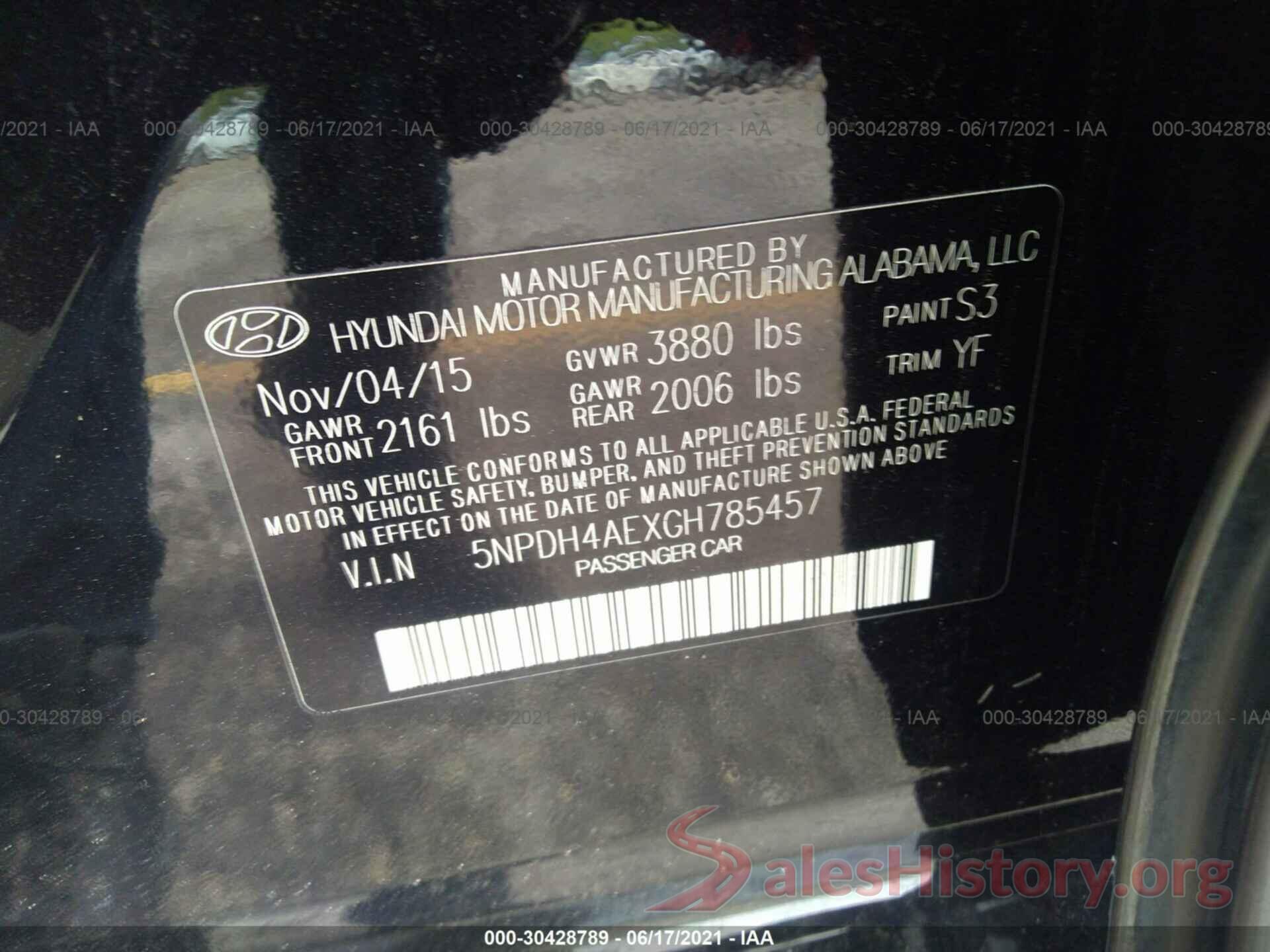 5NPDH4AEXGH785457 2016 HYUNDAI ELANTRA