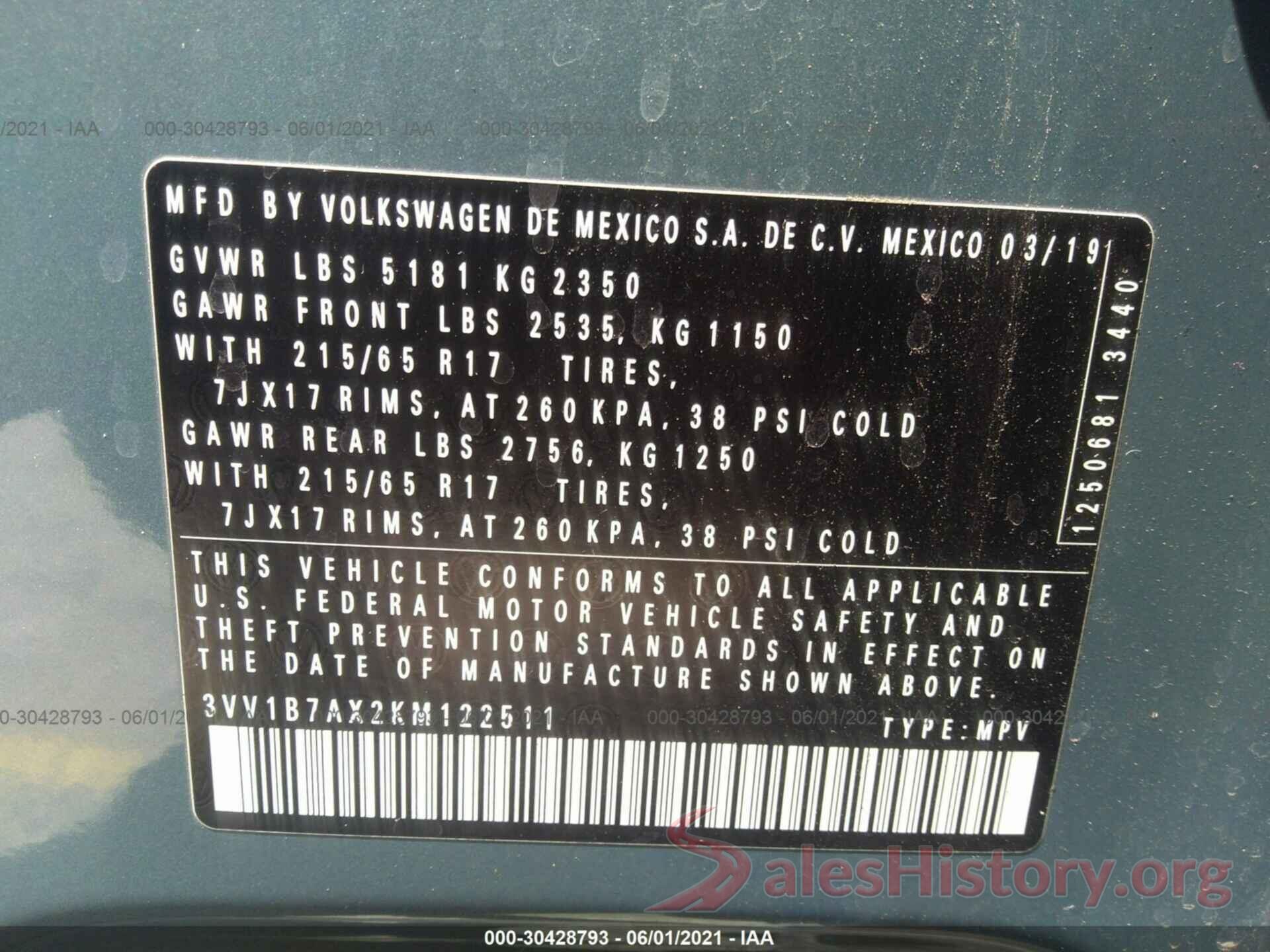 3VV1B7AX2KM122511 2019 VOLKSWAGEN TIGUAN