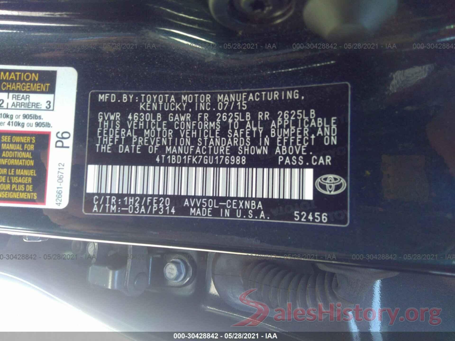 4T1BD1FK7GU176988 2016 TOYOTA CAMRY HYBRID