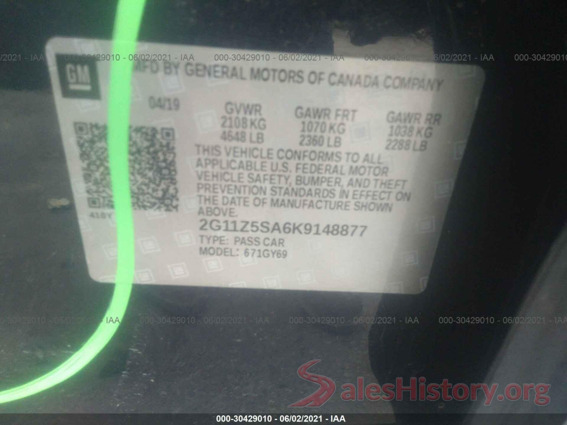 2G11Z5SA6K9148877 2019 CHEVROLET IMPALA