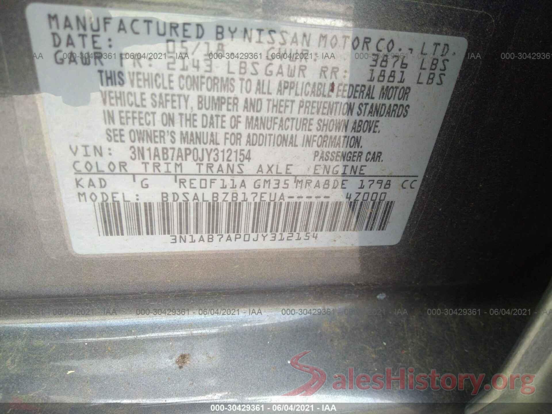 3N1AB7AP0JY312154 2018 NISSAN SENTRA