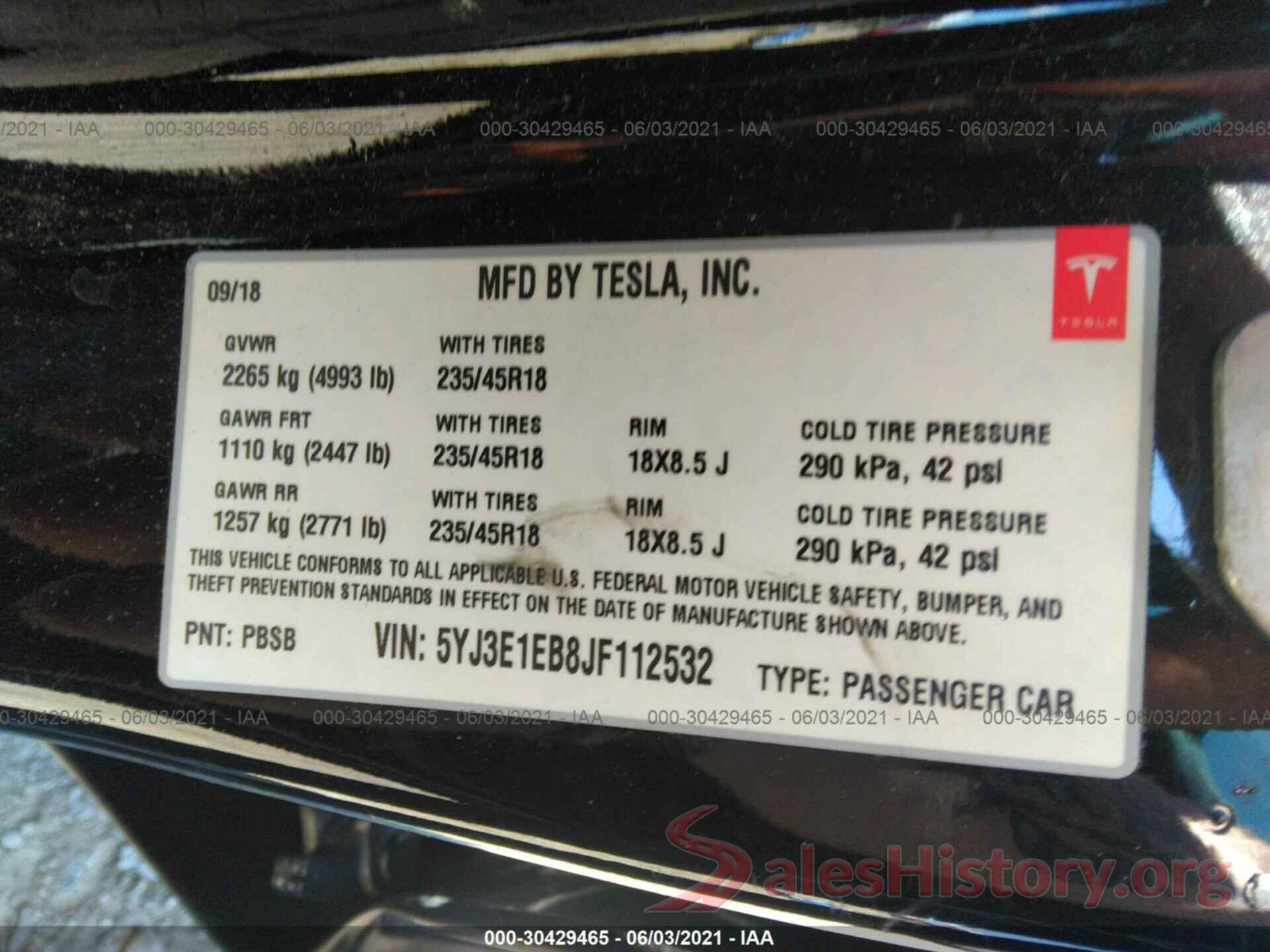 5YJ3E1EB8JF112532 2018 TESLA MODEL 3