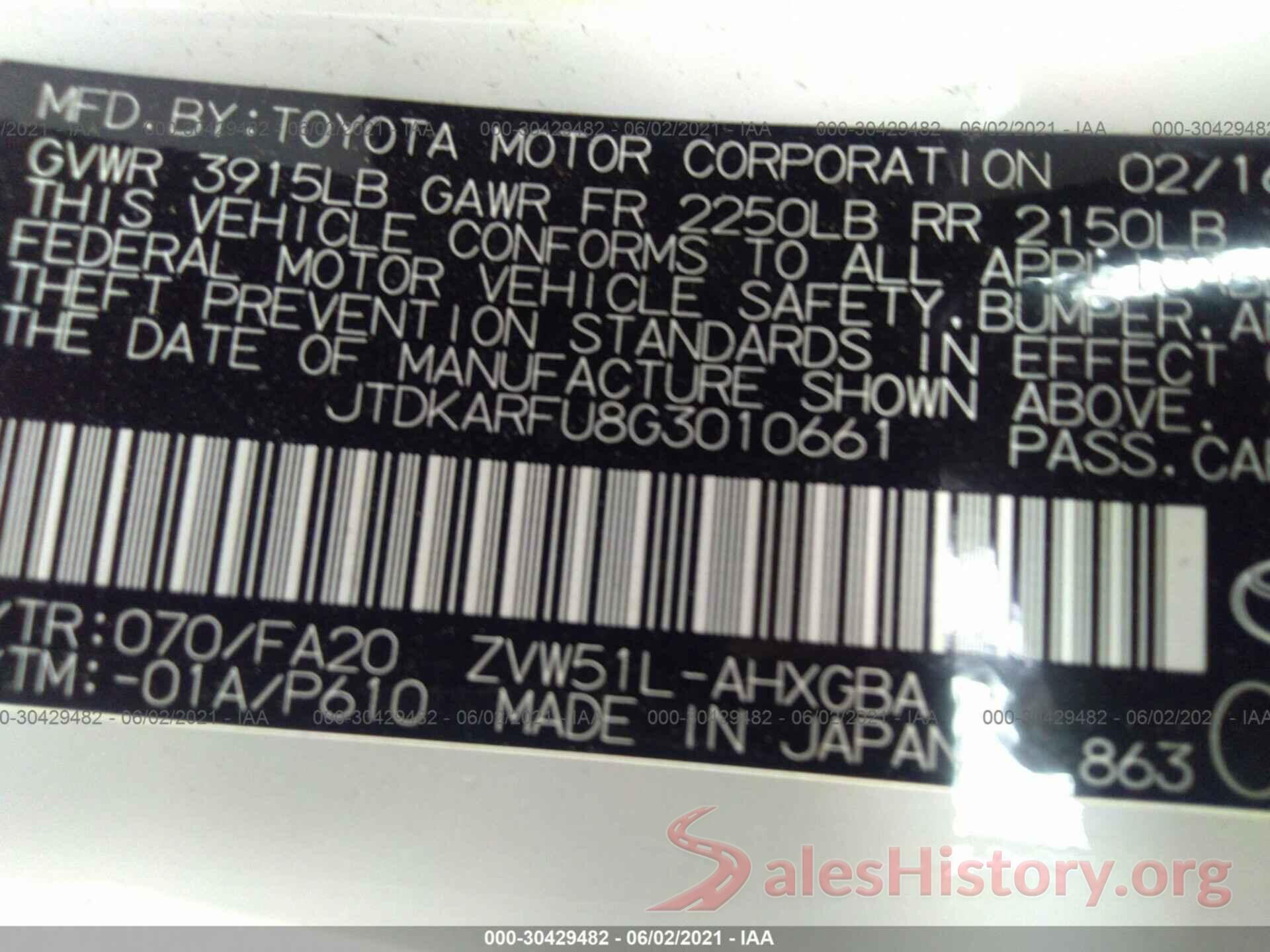 JTDKARFU8G3010661 2016 TOYOTA PRIUS