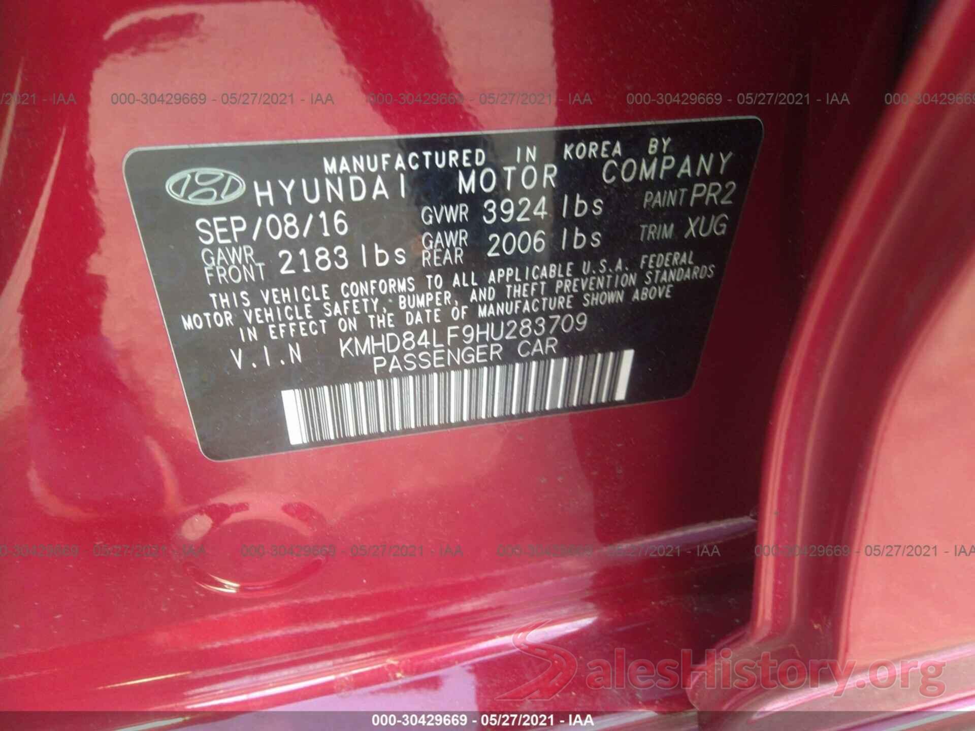 KMHD84LF9HU283709 2017 HYUNDAI ELANTRA