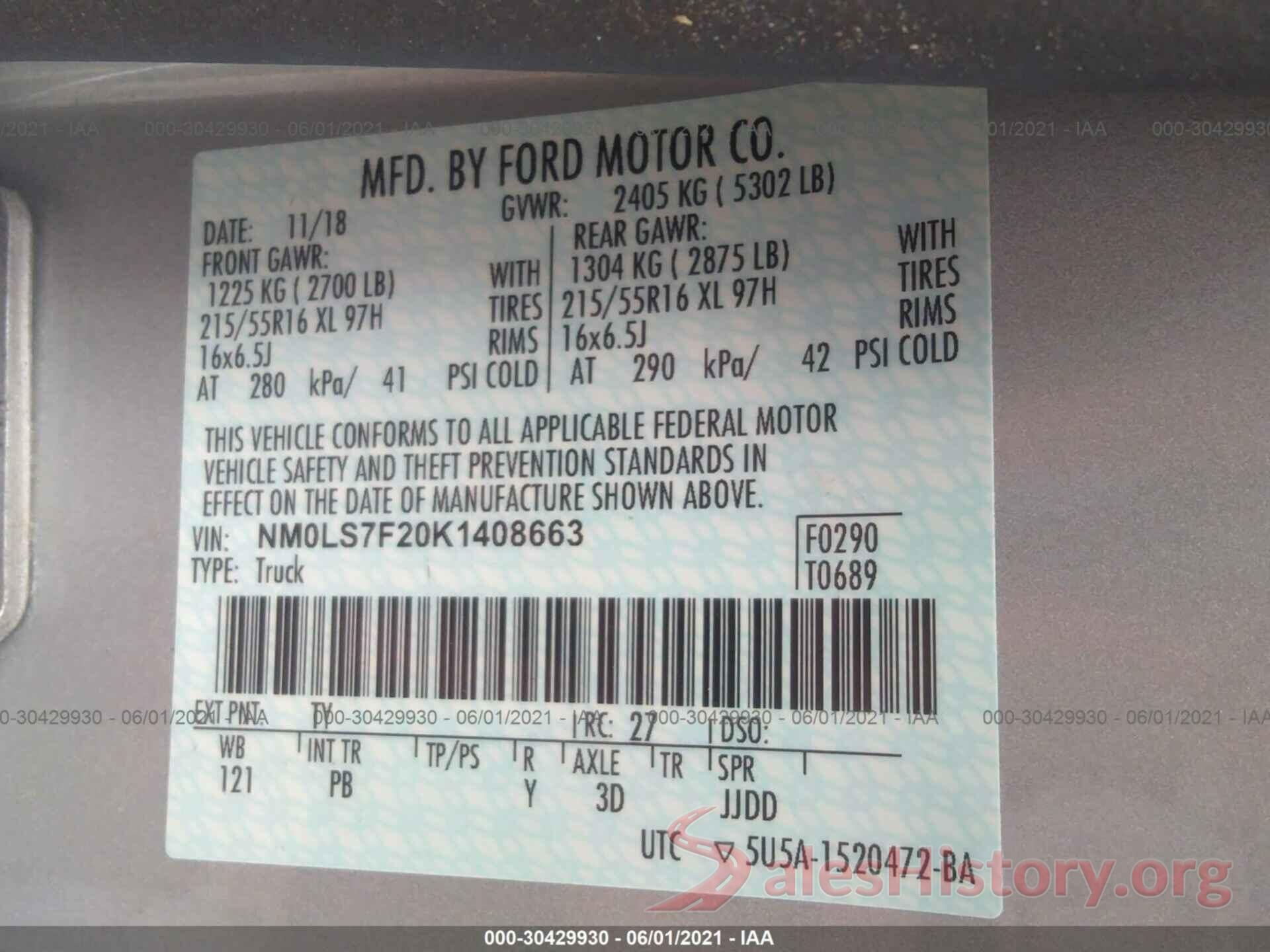 NM0LS7F20K1408663 2019 FORD TRANSIT CONNECT VAN