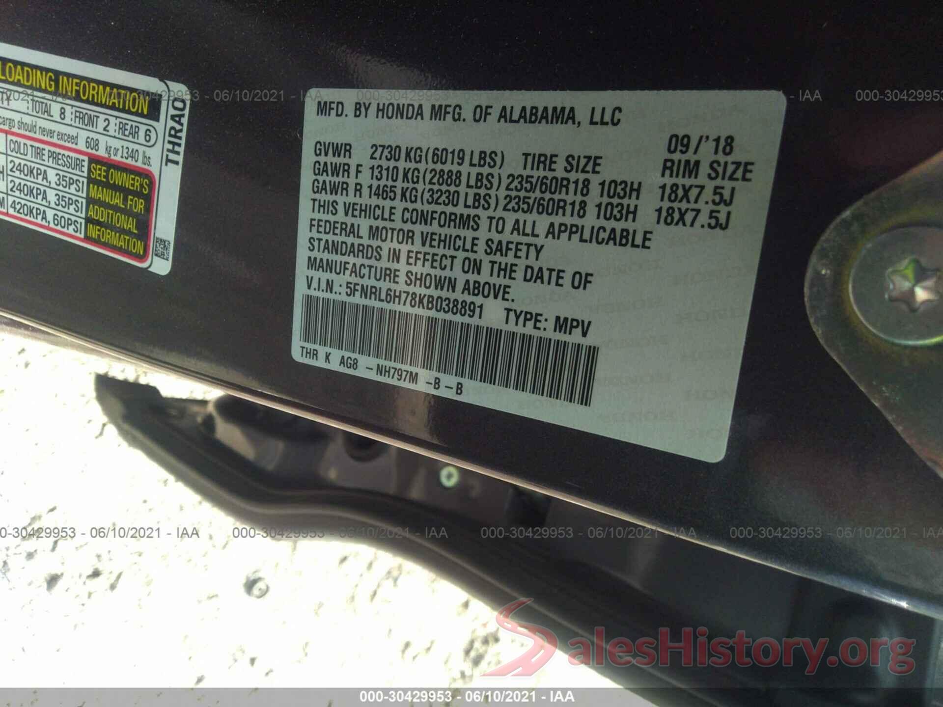 5FNRL6H78KB038891 2019 HONDA ODYSSEY