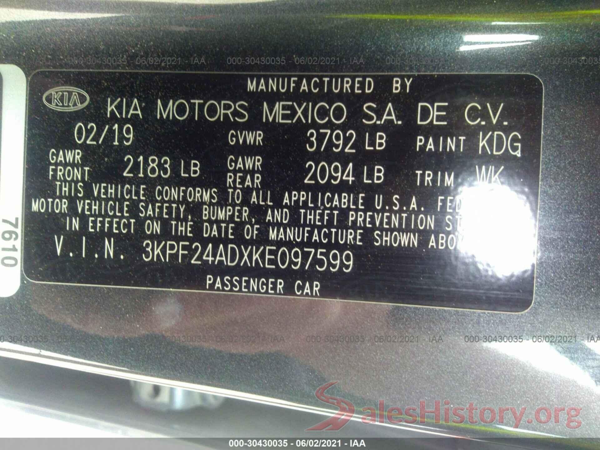 3KPF24ADXKE097599 2019 KIA FORTE