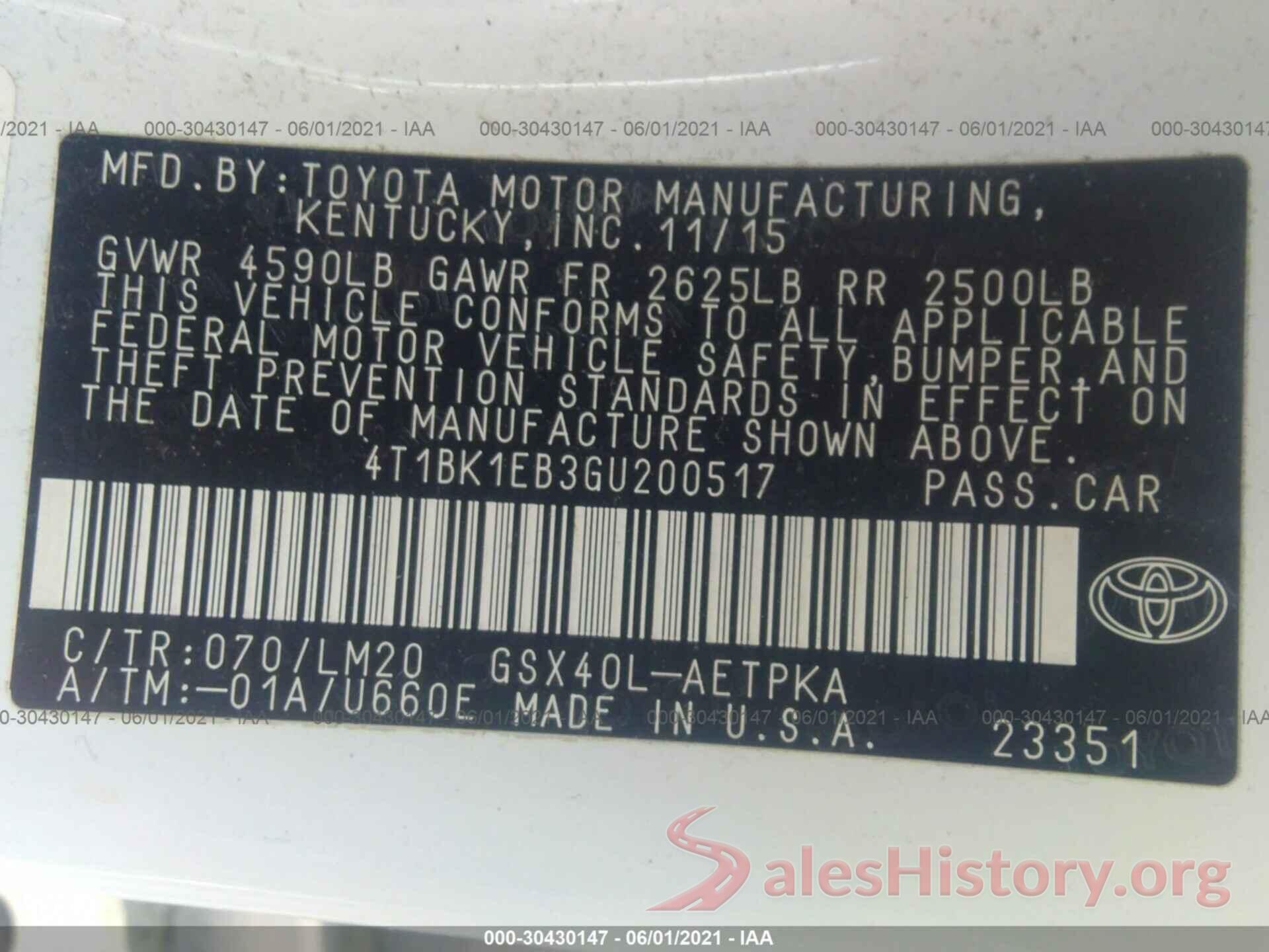 4T1BK1EB3GU200517 2016 TOYOTA AVALON