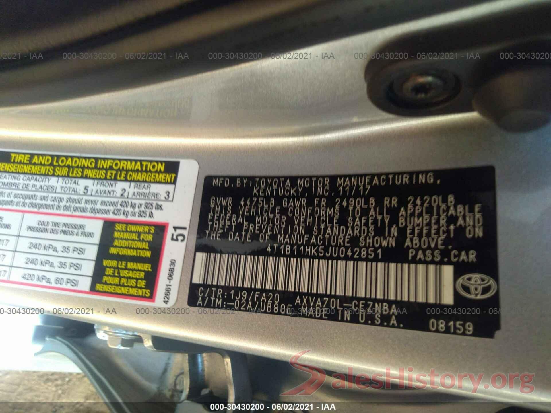 4T1B11HK5JU042851 2018 TOYOTA CAMRY