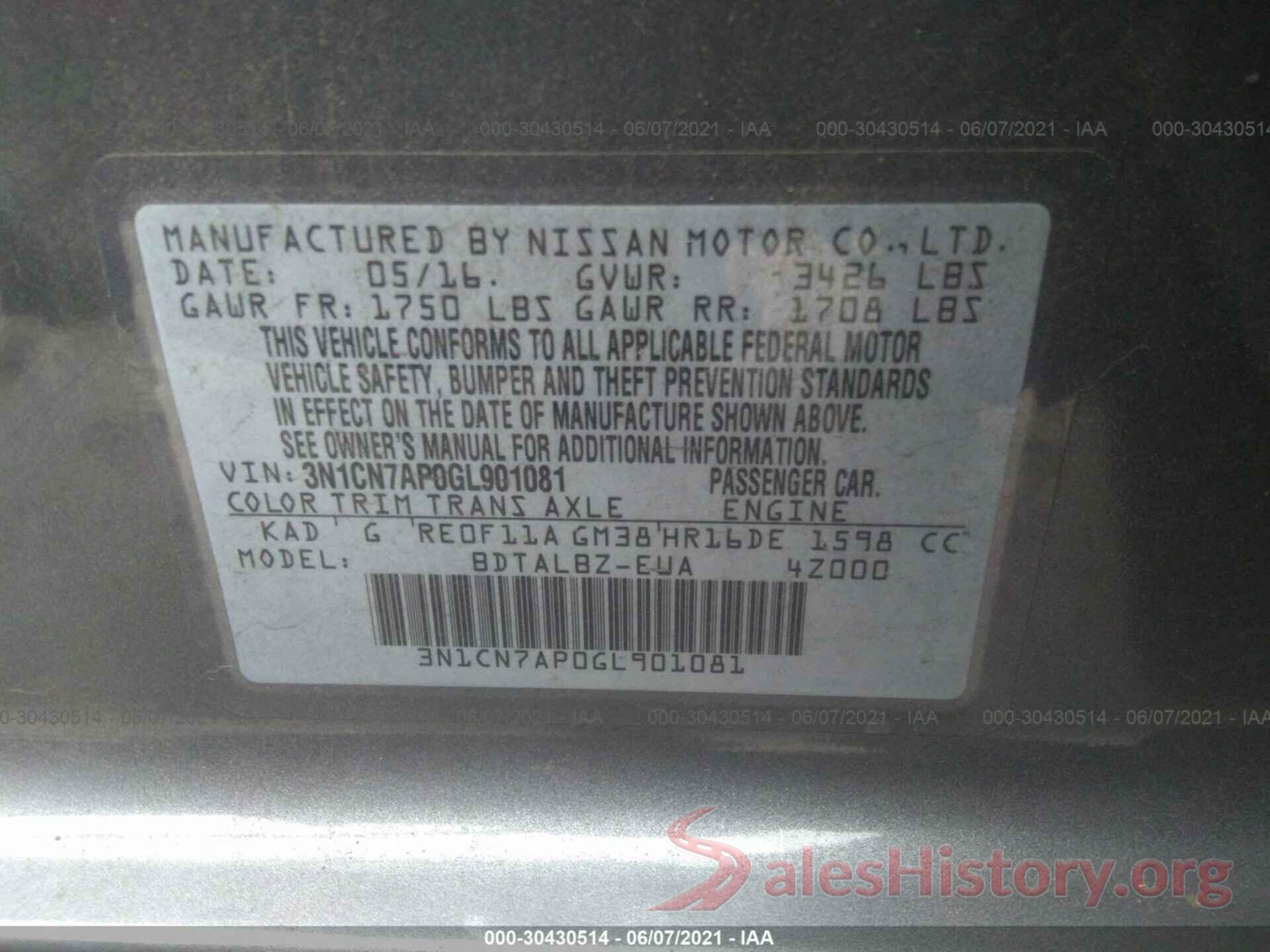 3N1CN7AP0GL901081 2016 NISSAN VERSA